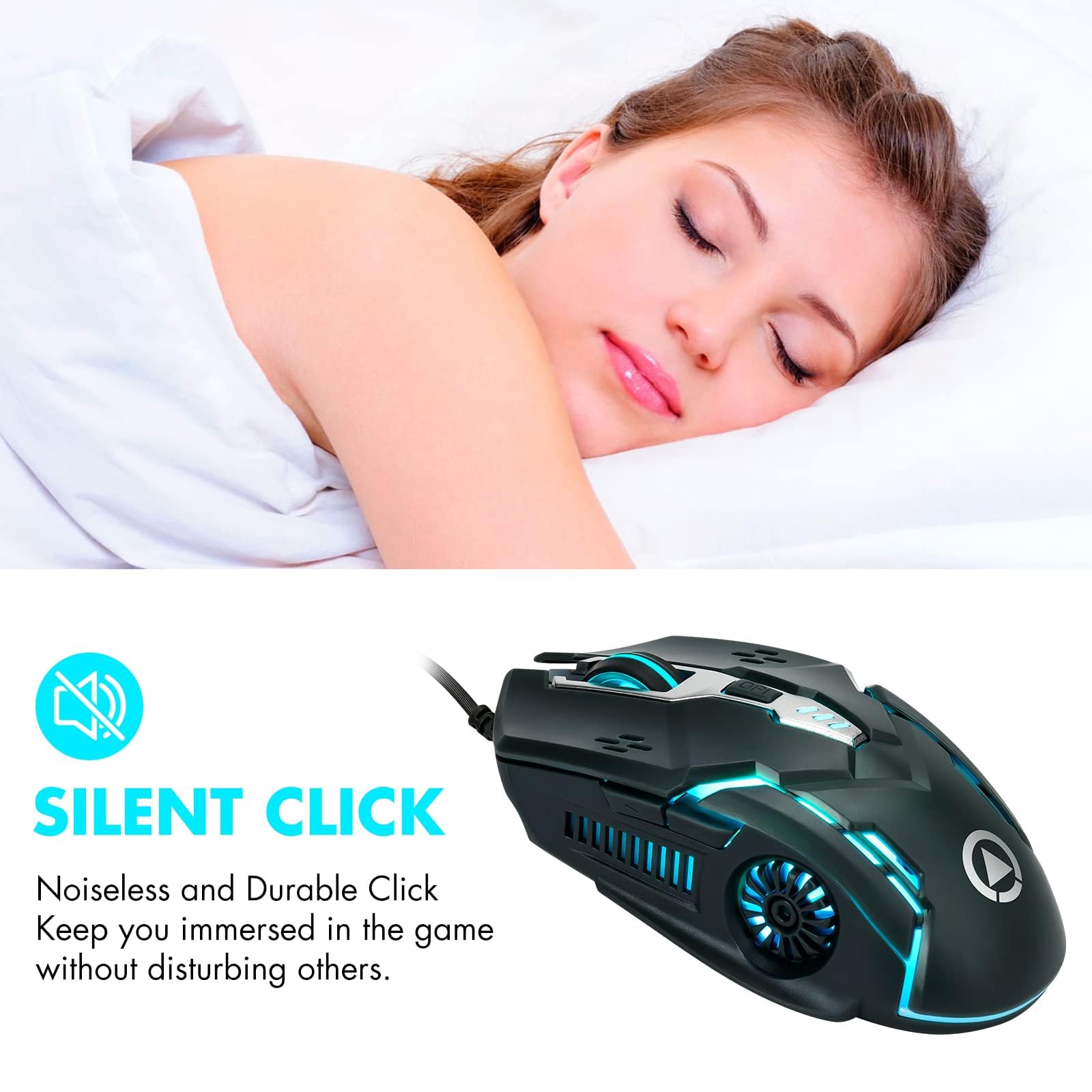 CHONCHOW Silent Click Mouse przewodowa mysz do gier, 6 przycisków, 4 DPI do 3200 DPI, światła RGB, kompatybilność z komputerem PC/laptopem/Mac, przewodowa mysz używana do gier i biura (czarna (ciche