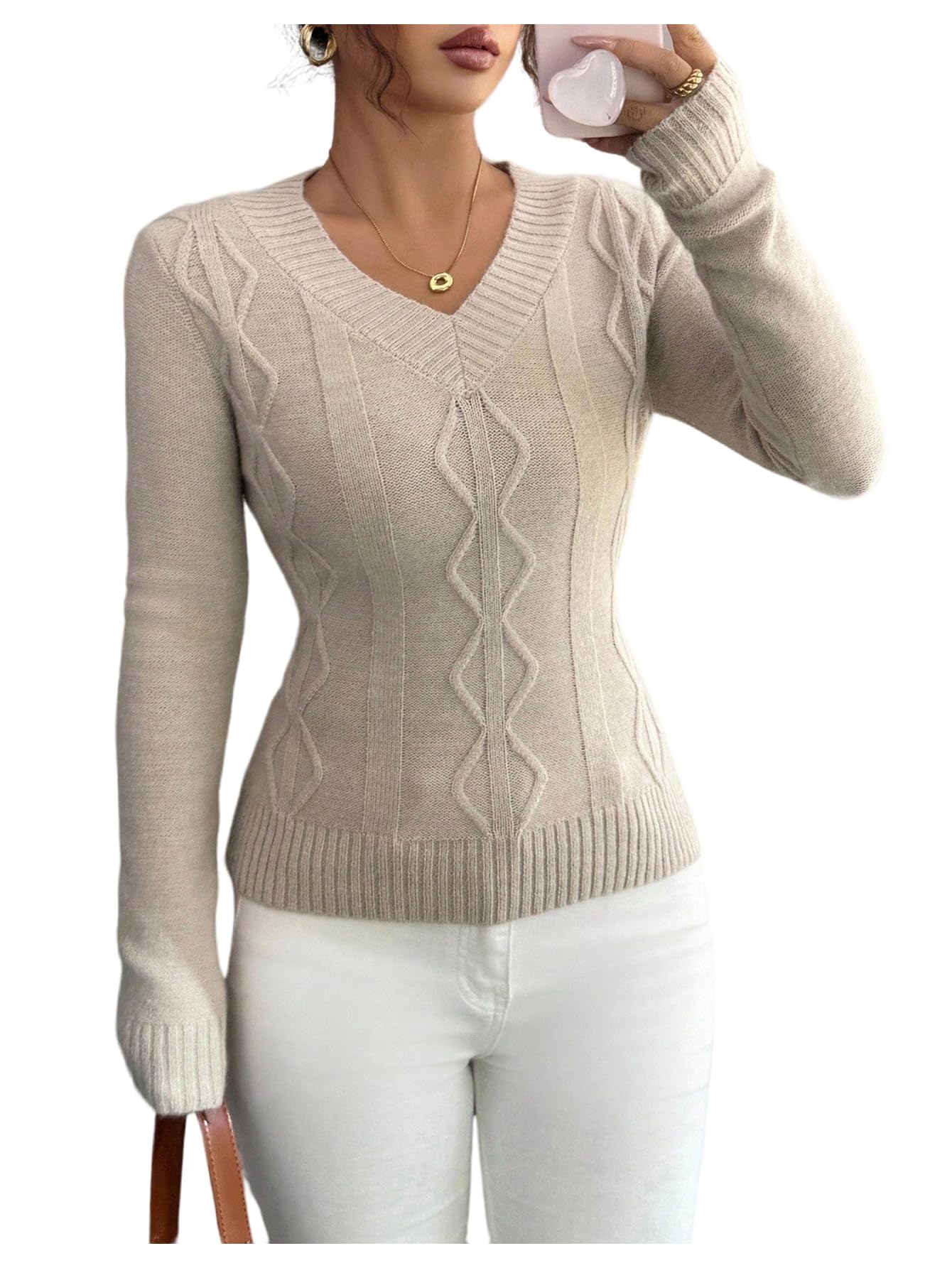 MakeMeChic Womens V Neck Sweater Long Sleeve Knitted Pullover Jumper Tops Old Money Clothes