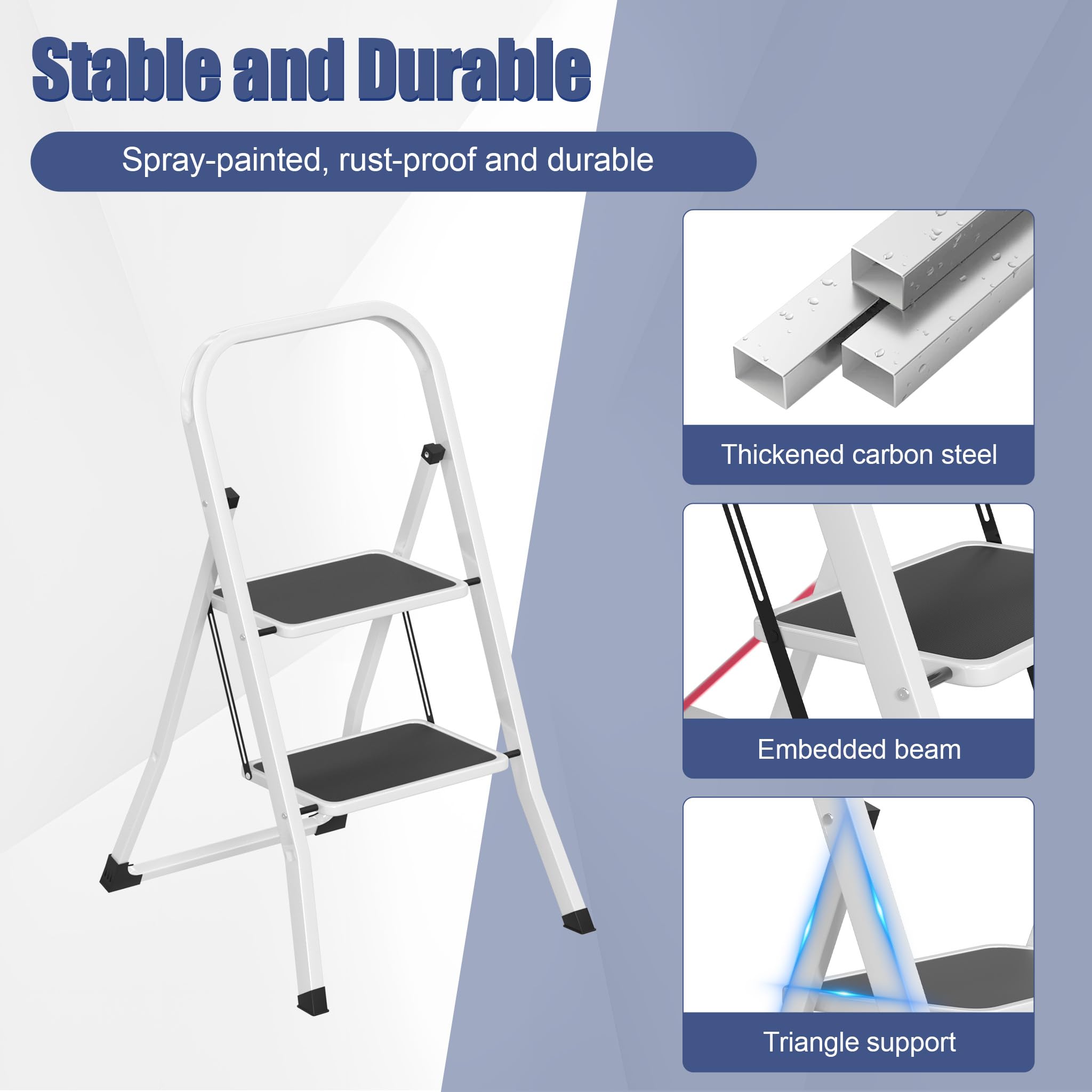 LARS360 Scala pieghevole a 2 livelli, in acciaio con gradini antiscivolo, portata 150 kg, pieghevole, per casa, cucina, ufficio, salvaspazio, solo 5 cm (nero + bianco)