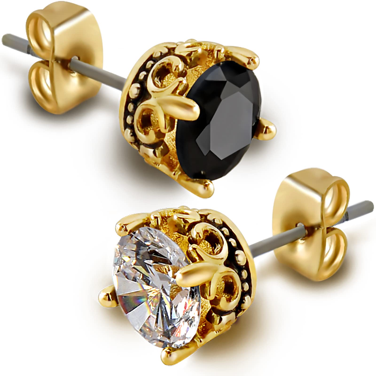 Black and Gold Earrings for Men Women Retro Crown Hypoallergenic Stainless Steel Cubic Zircon Stud Earrings