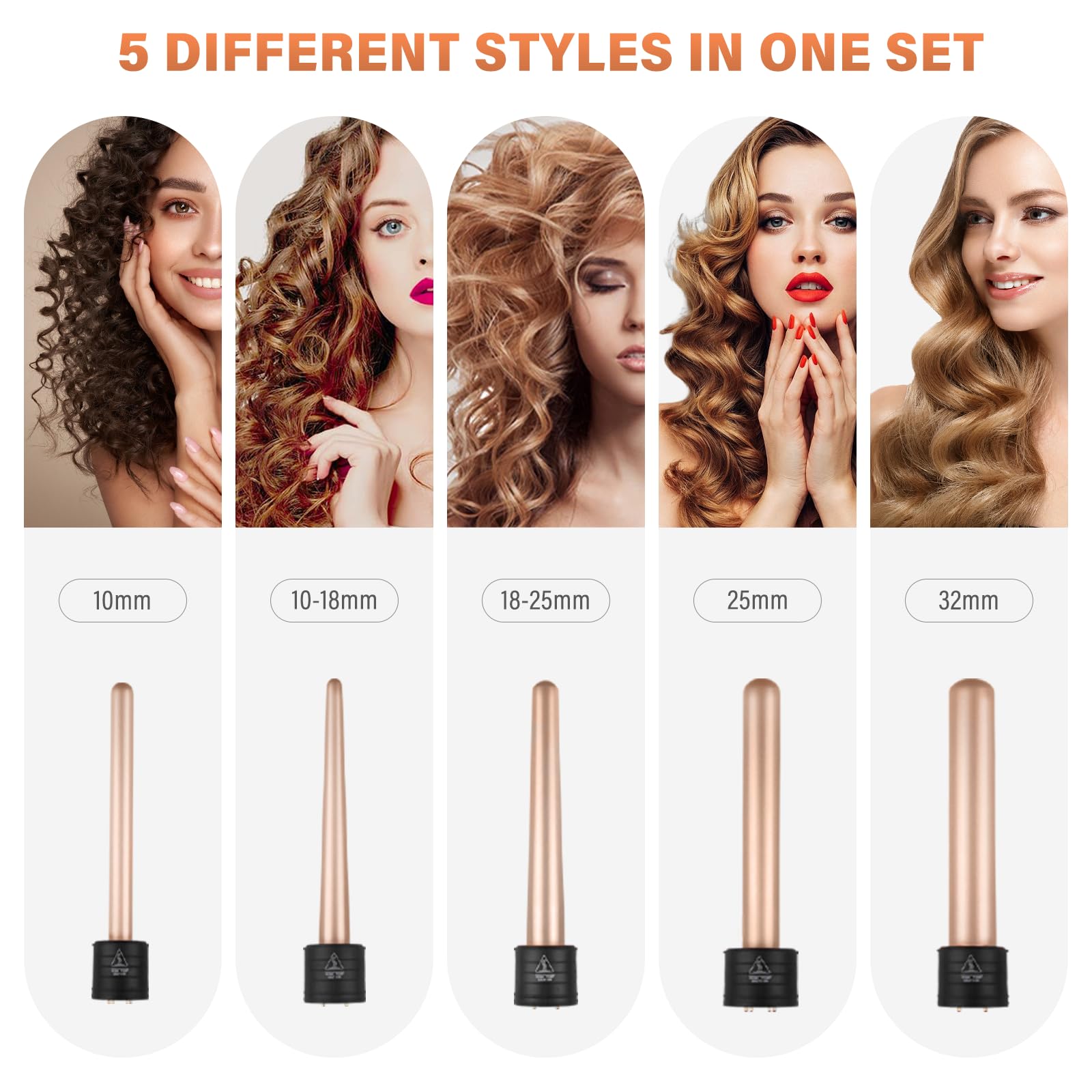 5 in 1 Lockenstab Set - janelove 10-32mm Keramik Lockenstab mit Verschiedenen Aufsätzen für Große und Kleine Locken, 2 Einstellbare Temperatur Lockenwickler Kit mit Handschuhe & Nylontasche (Roségold)
