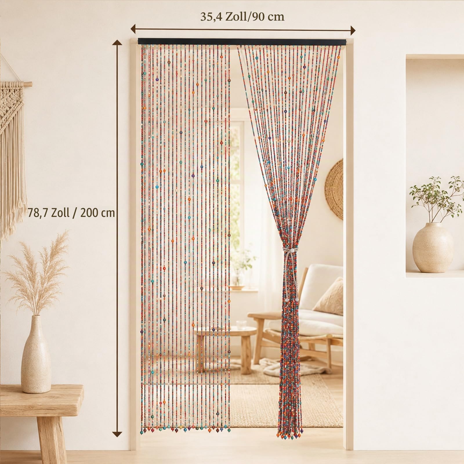 200x90cm Perlenvorhang Türvorhang Bambus mit 2 Leinenbändern, Handarbeit Natur Türvorhang Fadenvorhang als Insektenschutz Fliegenschutz für Schlafzimmer Wohnwagen Camping