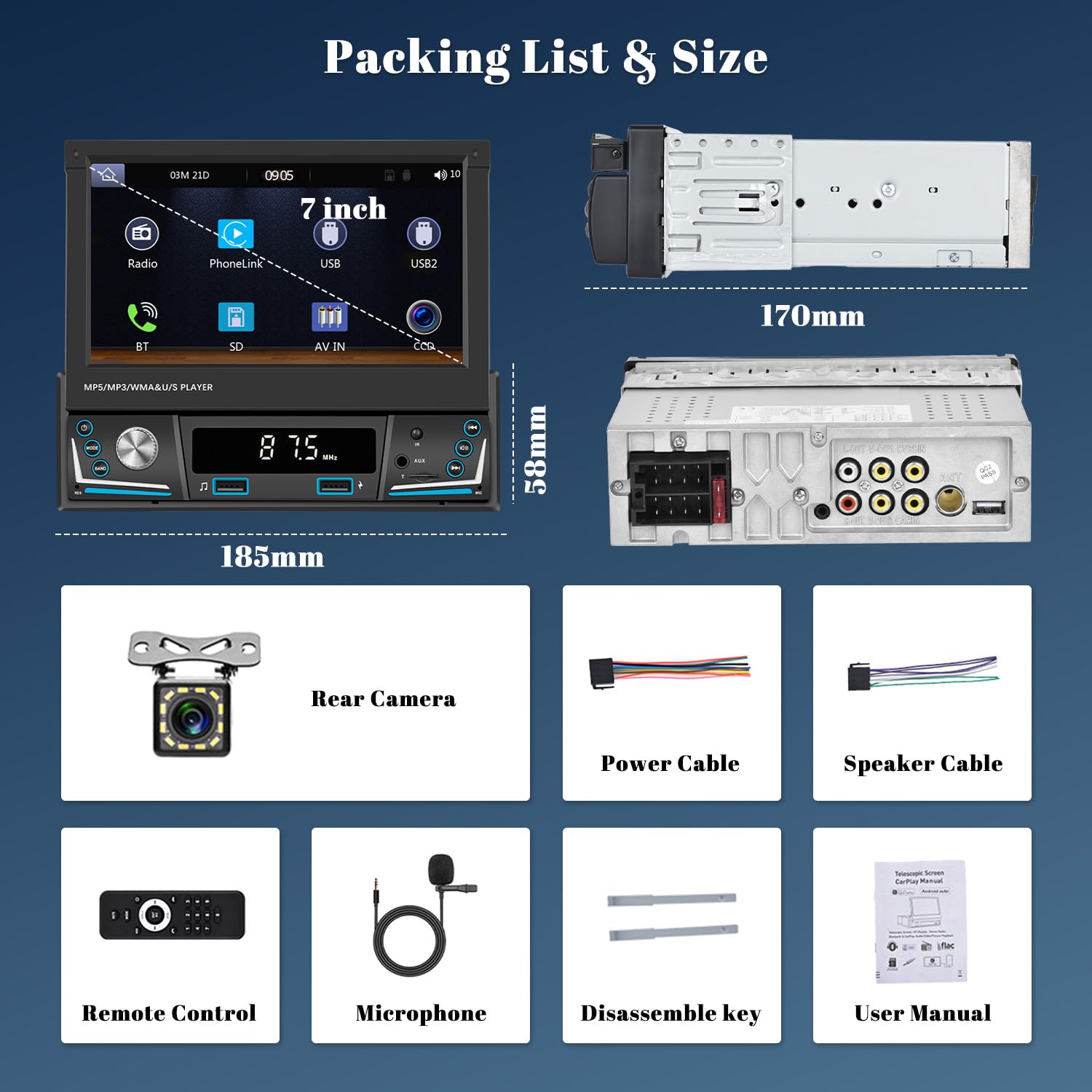 Hikity 7" 1 DIN CarPlay Radio Coche con Bluetooth FM Cámara Trasera | Pantalla Táctil Android Auto Wireless CarPlay EQ Control del Volante Manos Libres USB AUX Tarjeta TF
