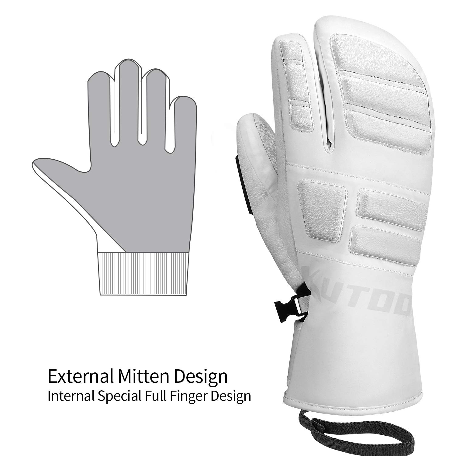KUTOOK Guantes de esquí de tres dedos térmicos 3M Thinsulate impermeables Guantes de snowboard invierno para clima frío nieve - Blanco - Large