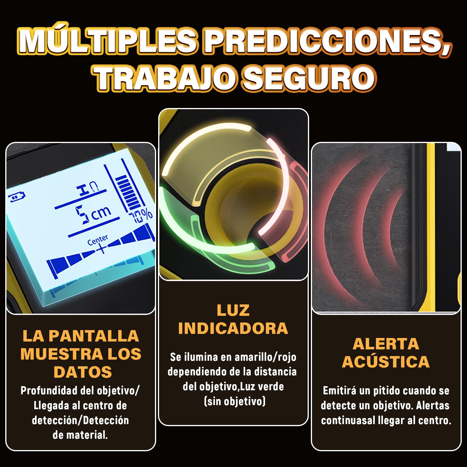 WD-01 Detector Cables y Tuberias,Escáner de Paredes,3 en 1 Metal/Cables de CA/Madera Detector de tuberias de Agua,Chip antiinterferencias HPC,Pantalla LCD VA de segmentos Negativos,Apagado Automático
