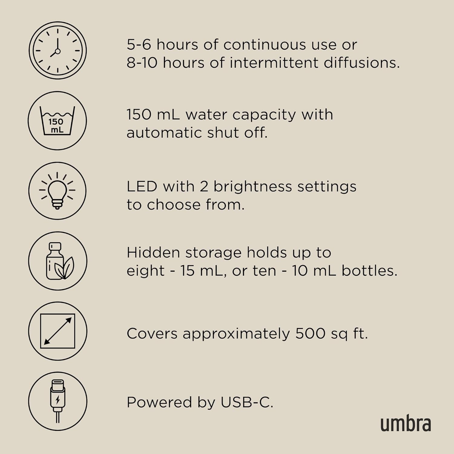 Umbra Casita Diffuser in Sand – Aromatherapy Essential Oil Diffuser with LED Light, Multiple Mist Settings, Automatic Shut-Off, Hidden Storage for Oils, Concrete & Melamine Design for Modern Homes