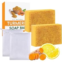 2PCS Kojic Acid Turmeric Soap Bar, Natural Kojic Acid Soap for Face & Body, Vitamin C Soap Bar, Acne Blackheads Dark Spot Remover for Even Skin Tone, Deep Cleansing & Moisturizing, with Foaming Nets
