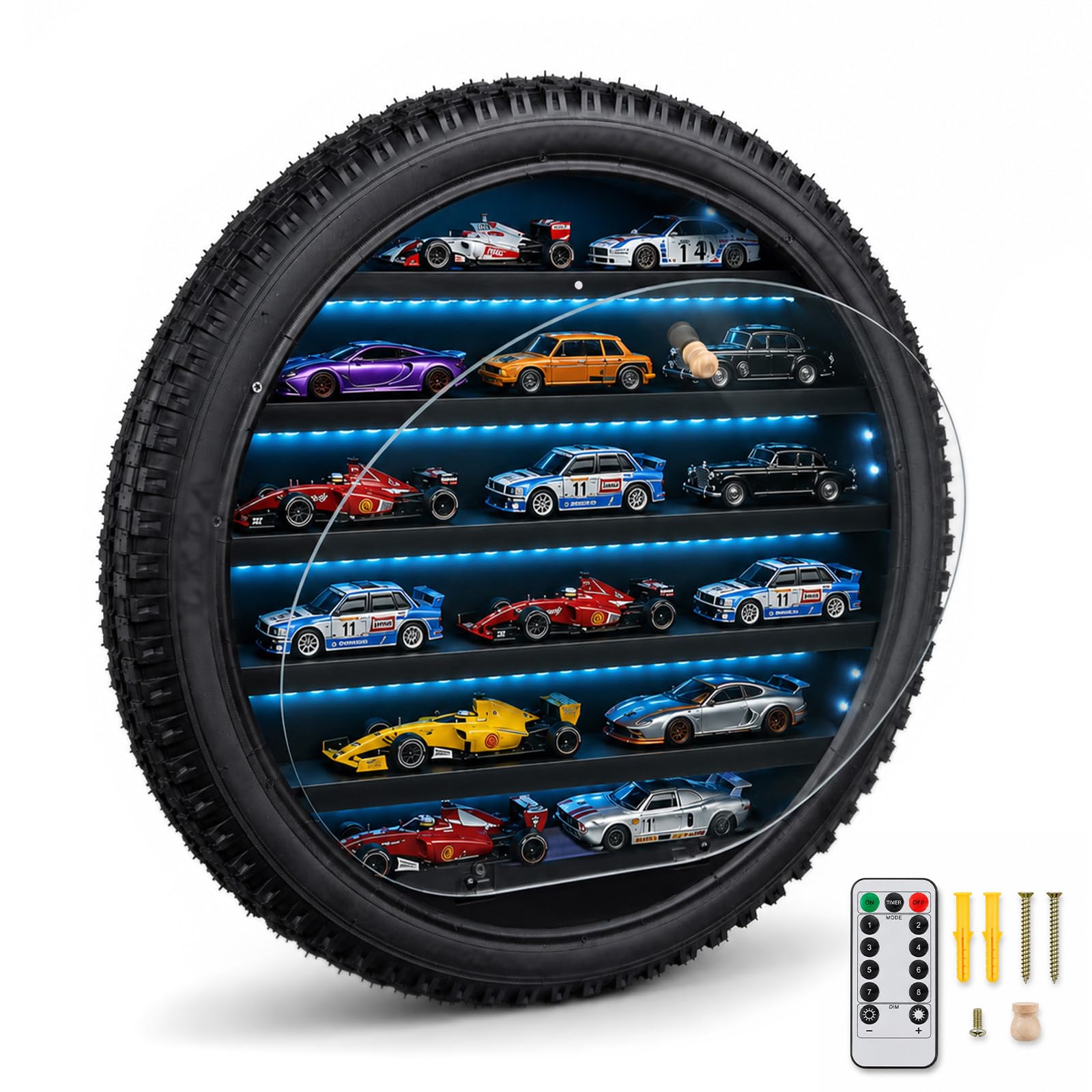 Vitrina en forma de neumático para coches a escala 1/64, cubierta antipolvo acrílica y luz LED controlada a distancia, armario de exhibición de coleccionista de madera, montaje en pared o escaparate