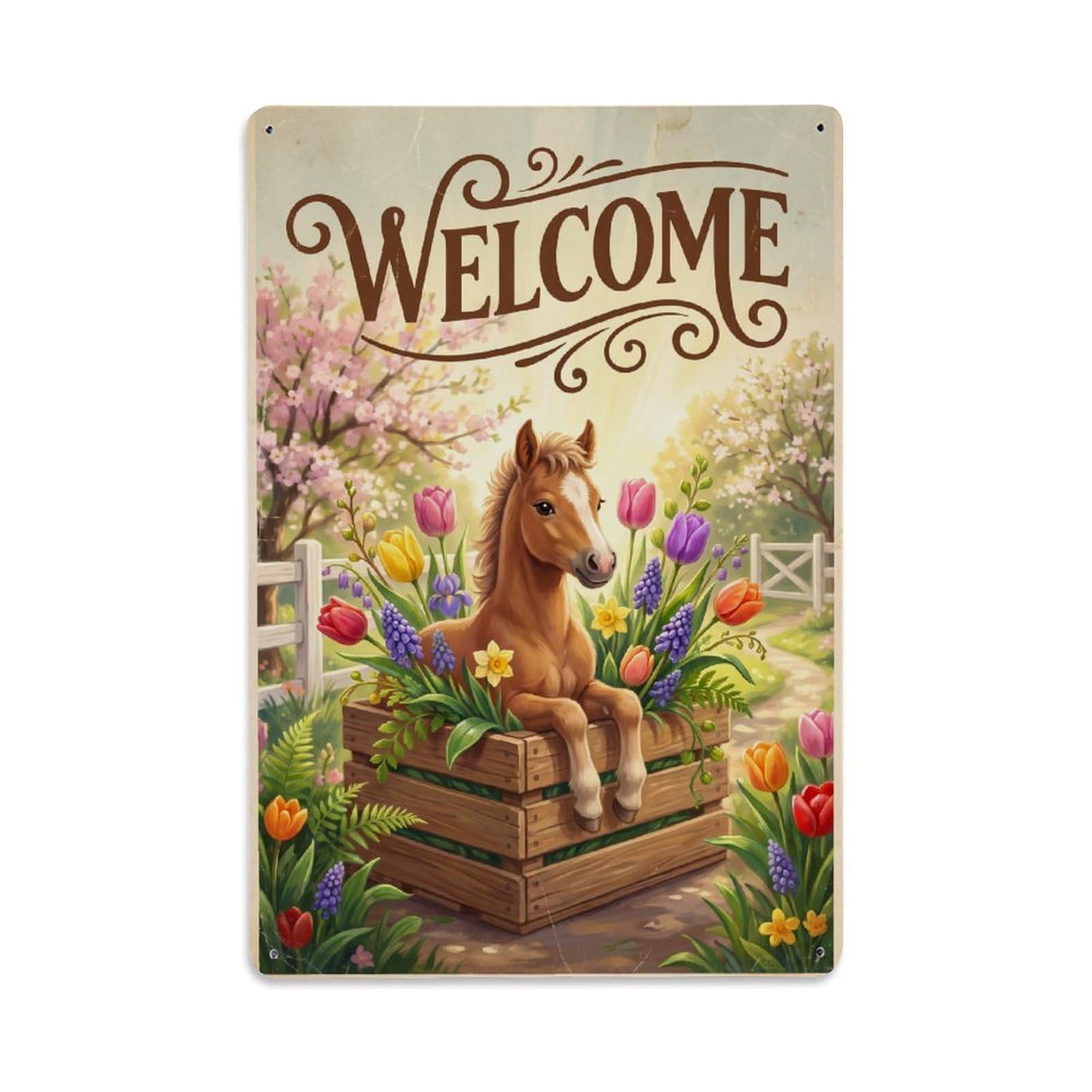Vintage Welcome Foal Cozy Corner Metal Tin Sign