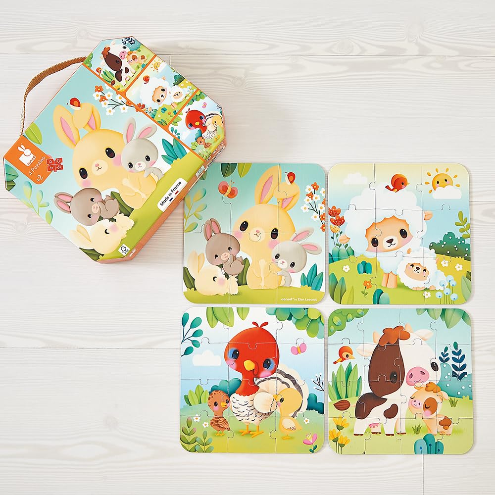 Janod, 4 Farm Animal-Themed Progressive Puzzles, 6-9-12-16 Pieces, Children’s Toys, Educational Games, Dexterity and Patience - Image 4