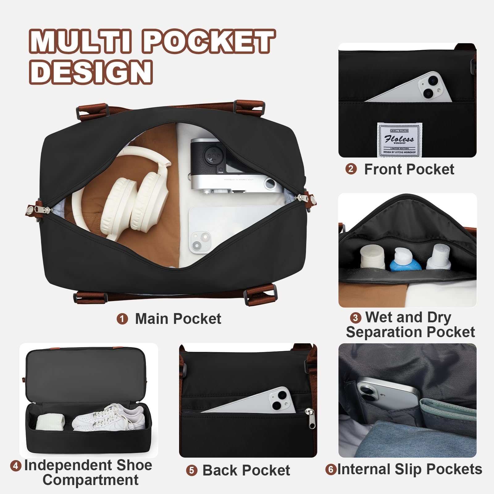 Sac de Voyage 45x36x20 pour Easyjet Bagage à Main Avion Sac Weekend Femme Homme Sacs Cabine Impermeable Sacs de Sport Voyage avec Compartiment à Chaussures Travel Bag,A06-Noir et Marron