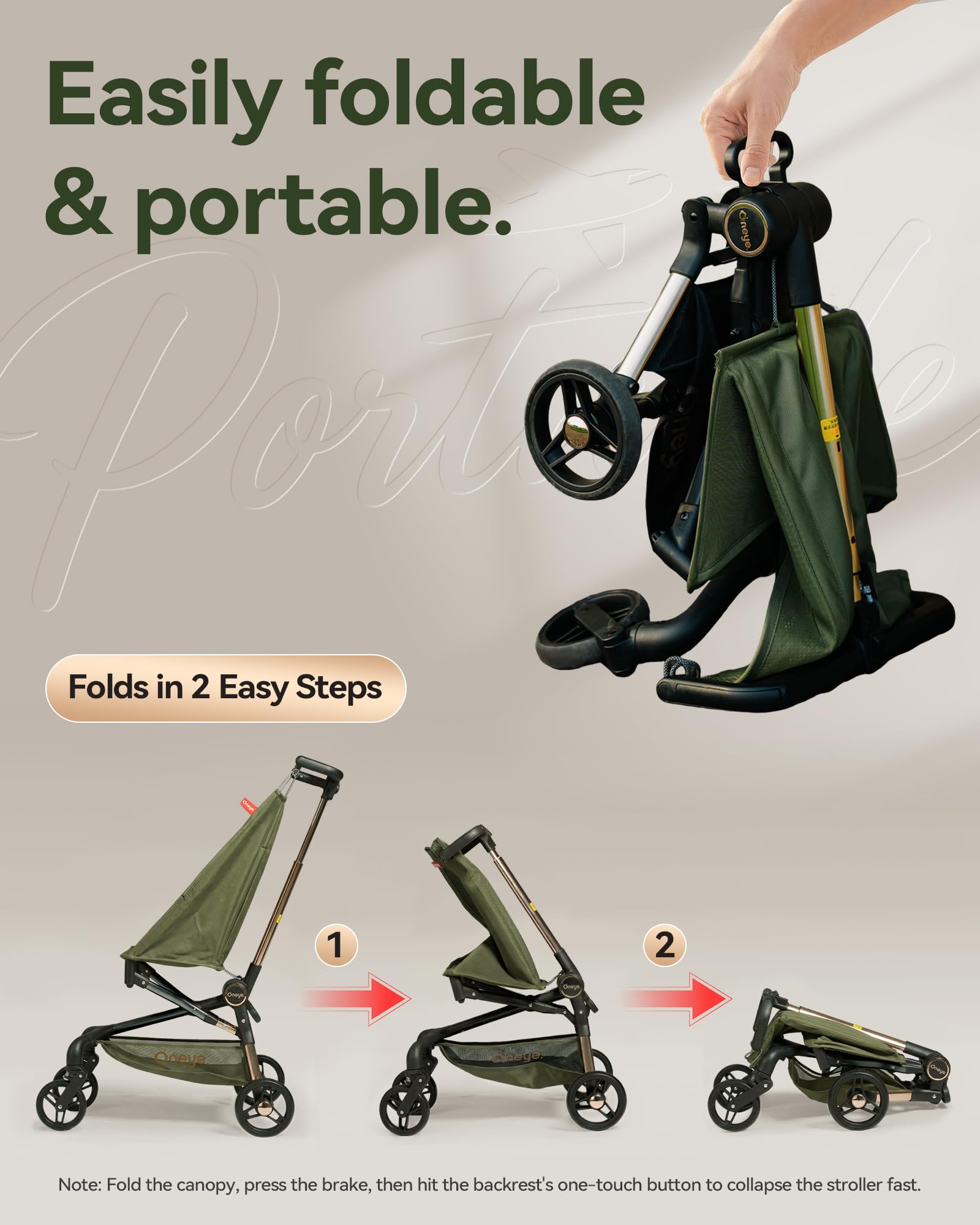 Oneye Travel Stroller for Airplane, Ultra Lightweight Baby Stroller for Toddlers with Canopy, Foldable & Compact Strollers with Jumbo Seat & Large Storage Basket,10.19lb,Stable & One-Hand Fold, Green - 5