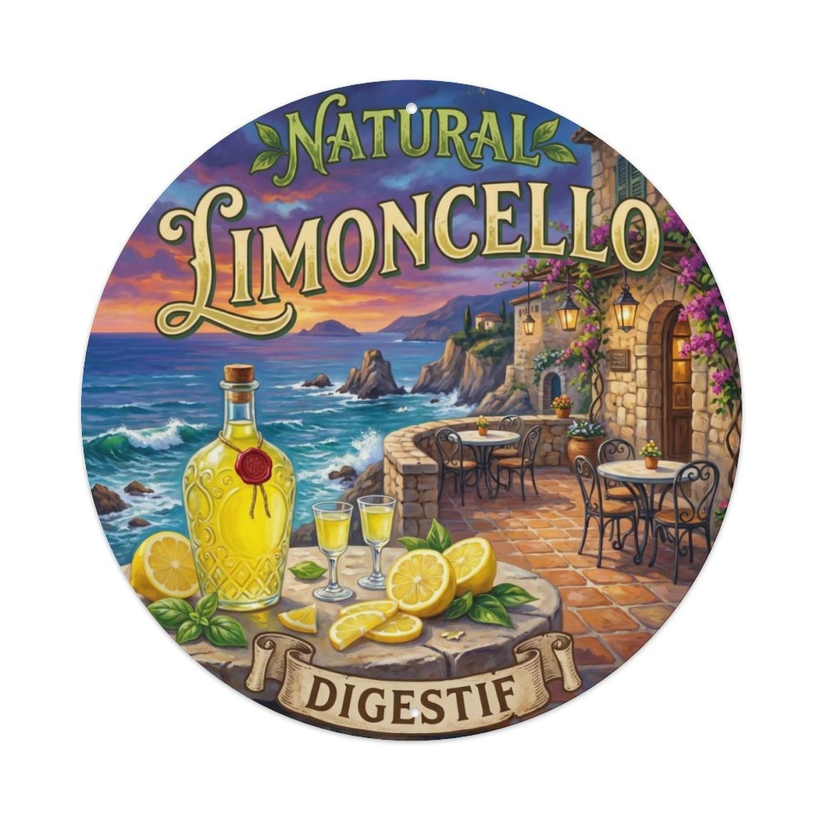 Fqcyn Style Coastal Limoncello Spirit Metal Tin Sign Plaque Wall Decor For Cafe, Club Bar, Office, Home Garden Round Metal Poster 8X8inch