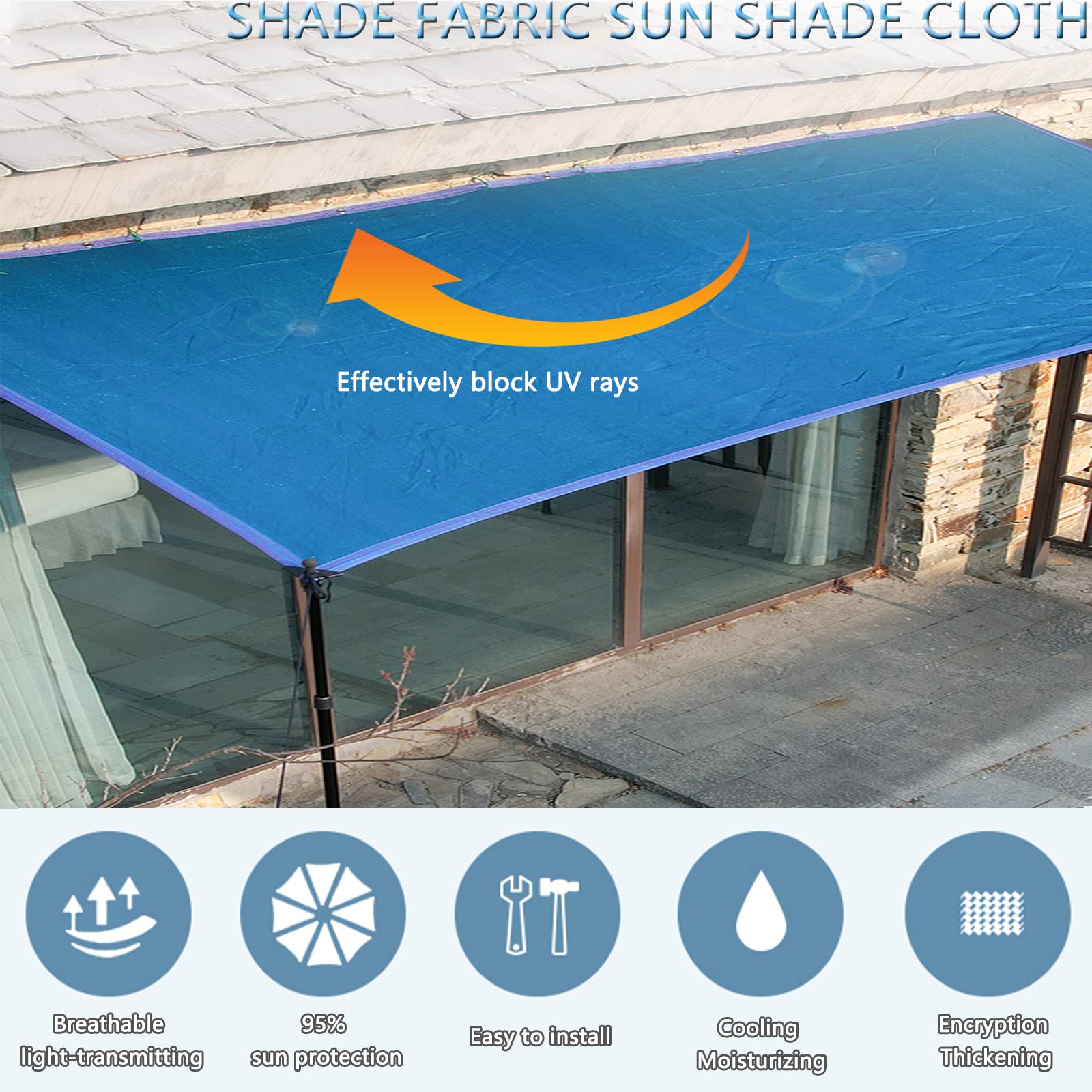 90% schaduwdoek, zonwerend doek, privacyscherm met versterkte doorvoertules voor buiten, terras, tuin, pergola, luifel, blauw