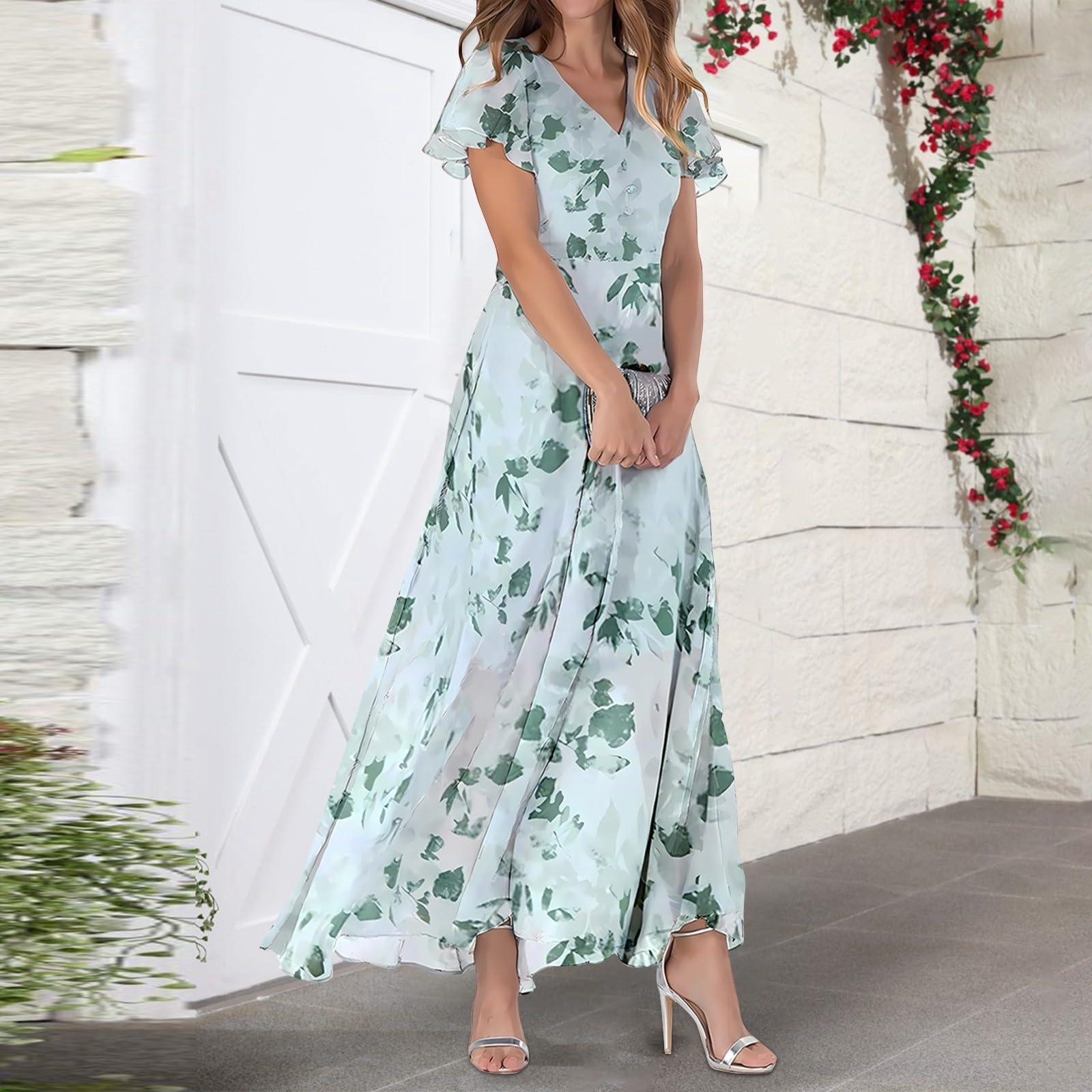 Abiti da donna swing abito lungo chiffon fiori manica corta volant scollo a V moda vita abito fluente abiti