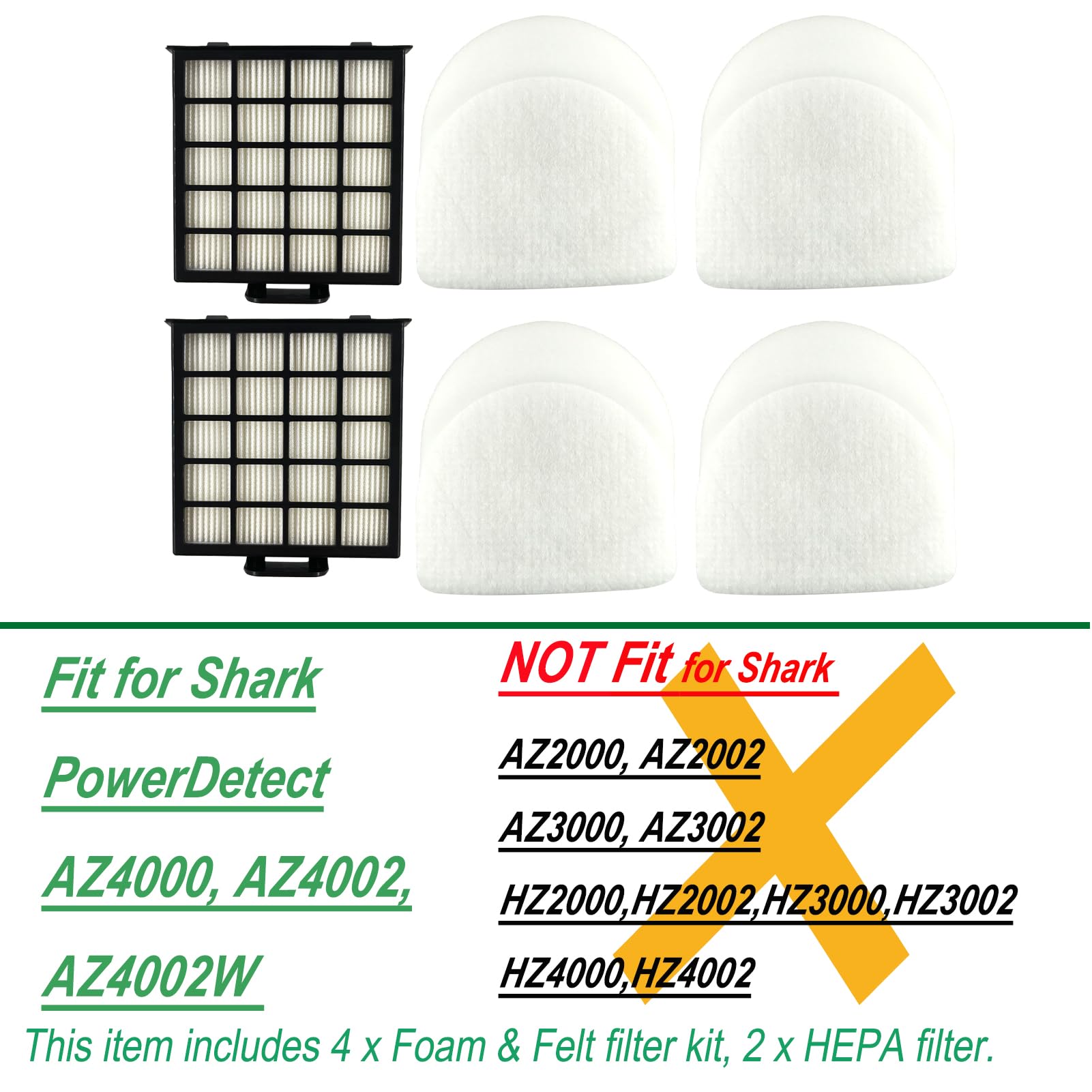 Dttery AZ4002 Filter Kit Replacement for Shark POWERDETECT Upright Vacuum AZ4000 AZ4002 AZ4002W, Part XFFAZ4000 XHFAZ4000, 4 Foam, 4 Felt, 2 HEPA