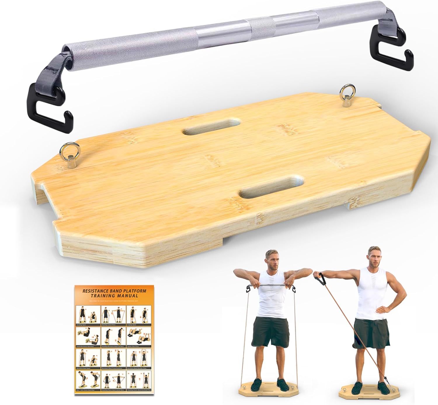 Bamboo Resistance Band Workout Platform - Complete Set with Tube Bands, Handles, Bar & Loop Hooks for Full-Body Strength, Rehab, Mobility & Functional Training Set B