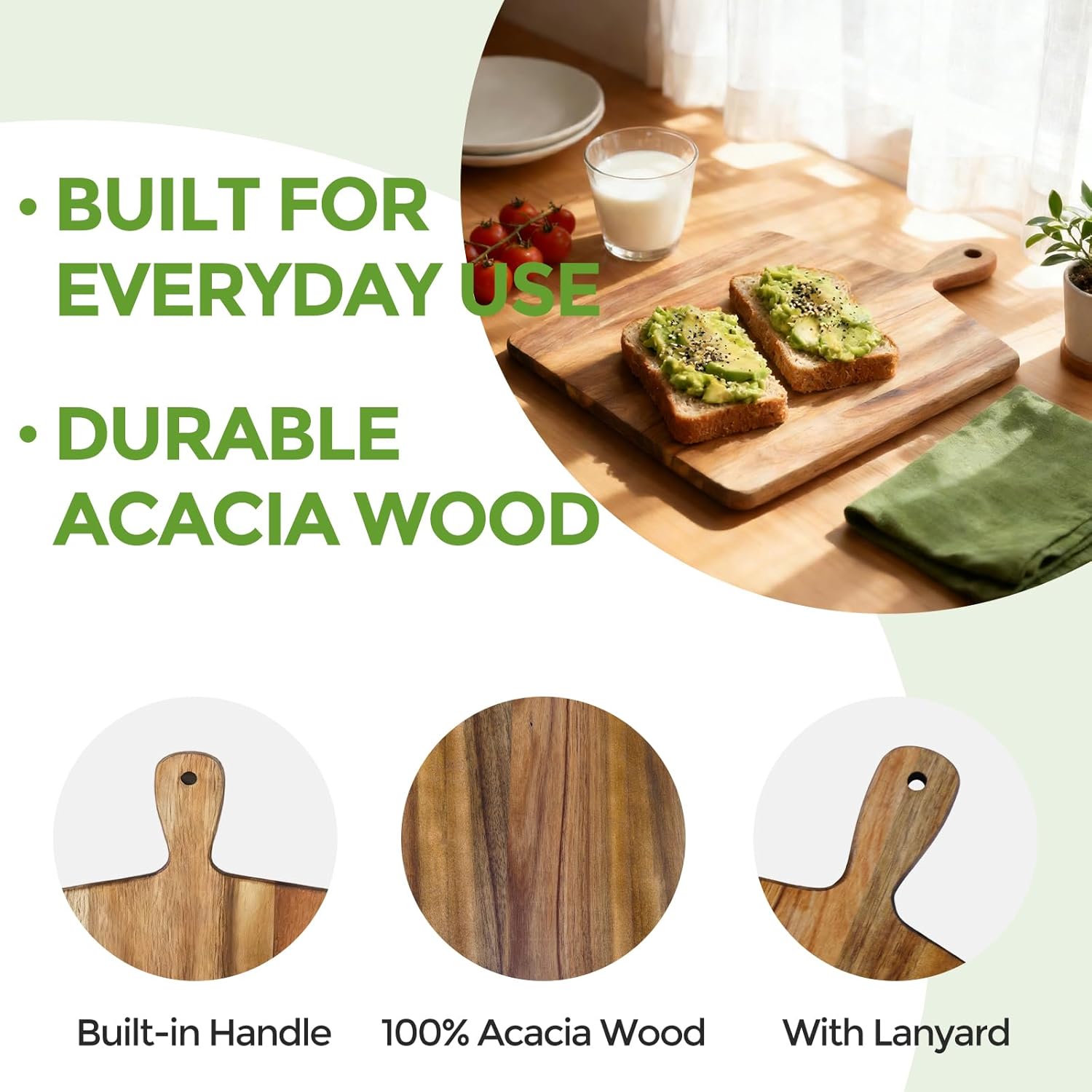 S310 Acacia Wood Cutting Board with Handle, Wooden Chopping Board for Meat, Cheese, Bread & Vegetables, Decorative Charcuterie Serving Board for Kitchen Cooking, Pizza & Party Dining, 17"x13"