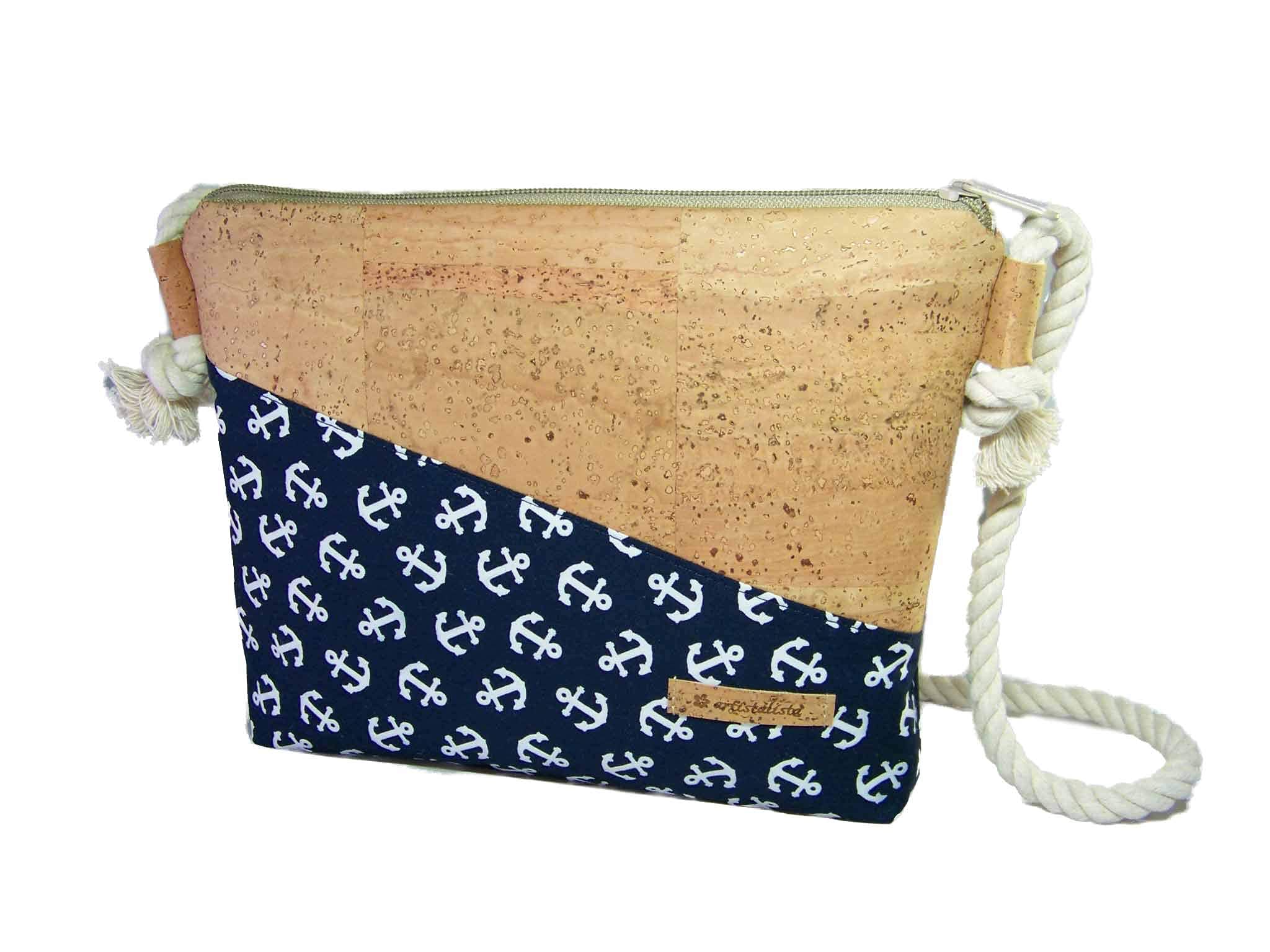 Handmade Korktasche mit Anker Stoff Schultertasche Umhängetasche Damen Tasche Handtasche, nachhaltig vegan und fair
