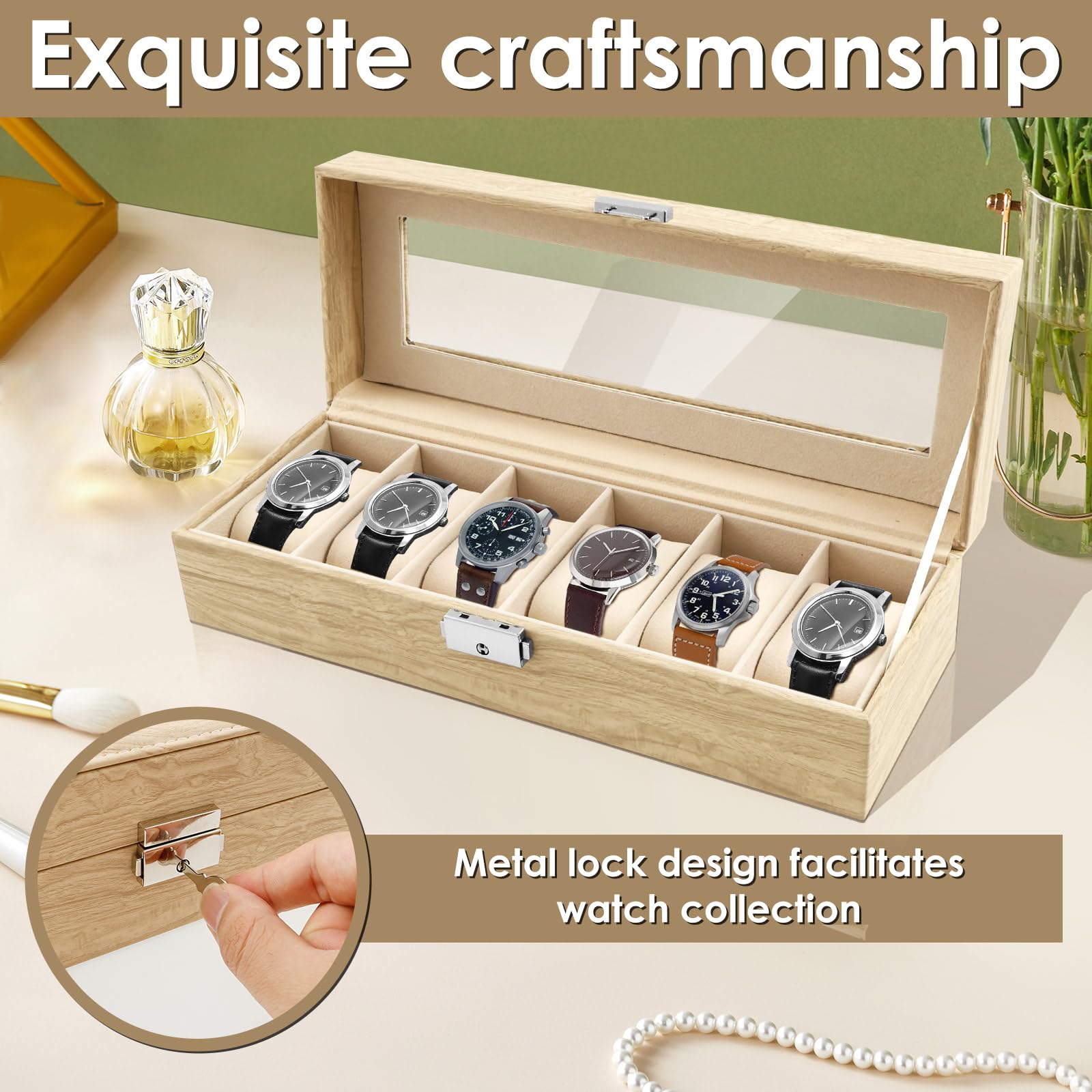 Tcwhniev Watch Travel Case, 6 Slot Watch Display Box Organizer, PU Watches Roll Travel Case for Home, Portable Carrying Box Organizer for Men and Women