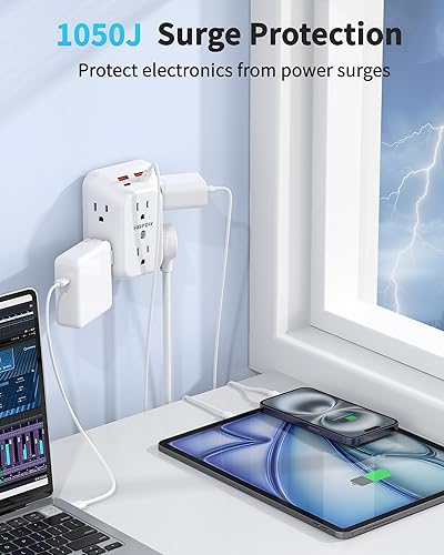 Miniatura 6 de Protector de sobretensiones extensor de salida, divisor de 6 salidas con 4 puertos USB (2 USB C), cargador de pared USB, toma de pared 1050J de 3