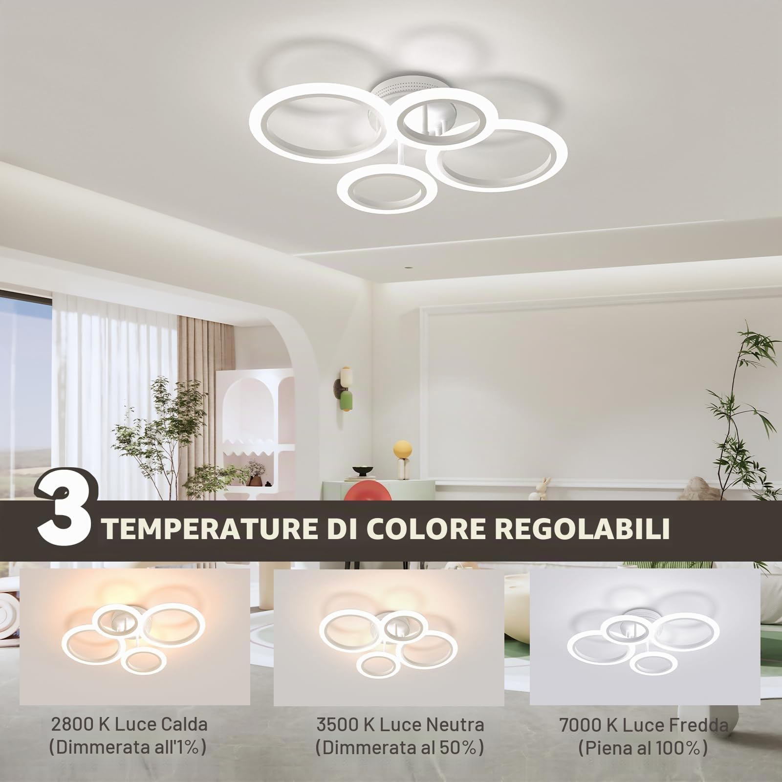 Plafoniera LED Soffitto,4 Anelli Ø52cm 48W Acrilico Dimmerabile Lampadari Moderni led con Telecomando App,2700K-7000K,4400LM Lampadario per Soggiorno Camera da Letto Cucina Ufficio