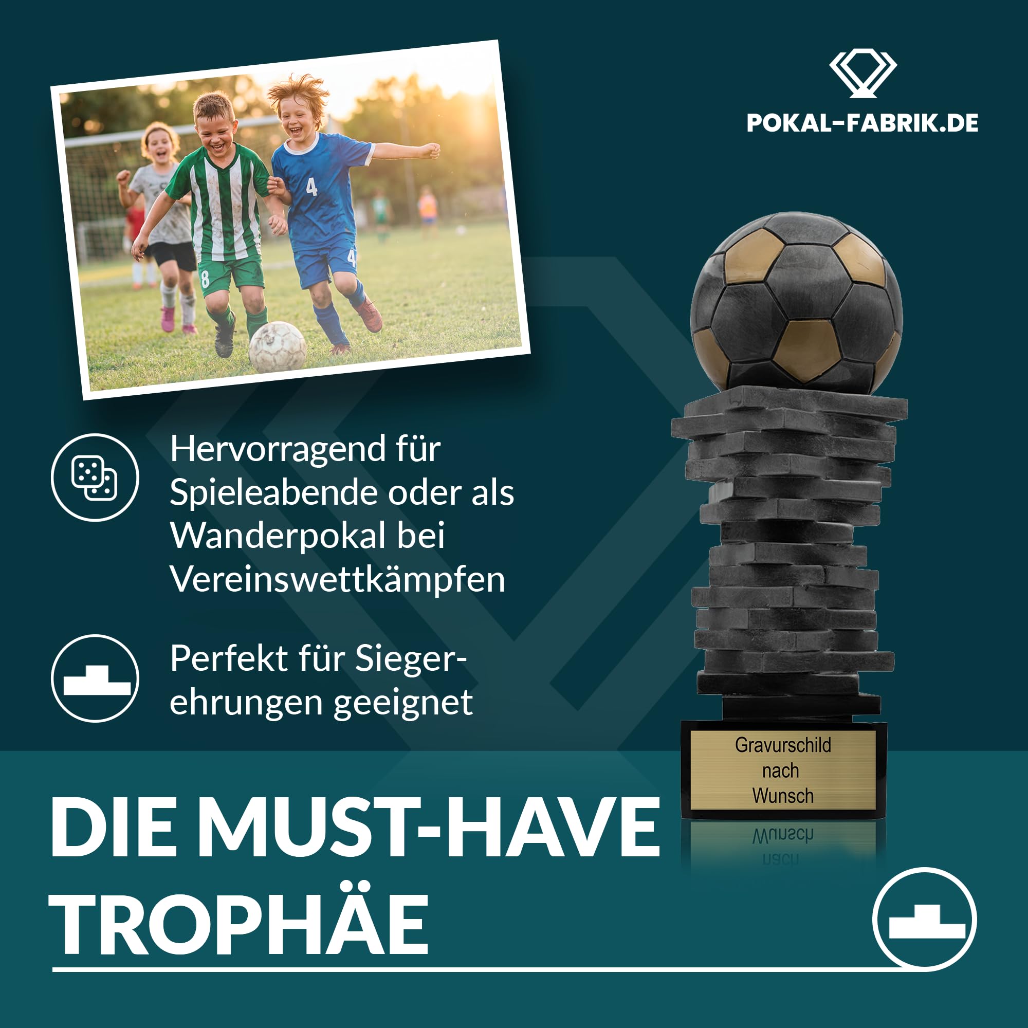 Pokal mit Gravur Wunschtext, Sportfigur, 30 cm | Personalisierte Auszeichnung für Fußball WM & Sport Events, inkl. Marmorsockel, Geschenk-Trophäe für Kinder