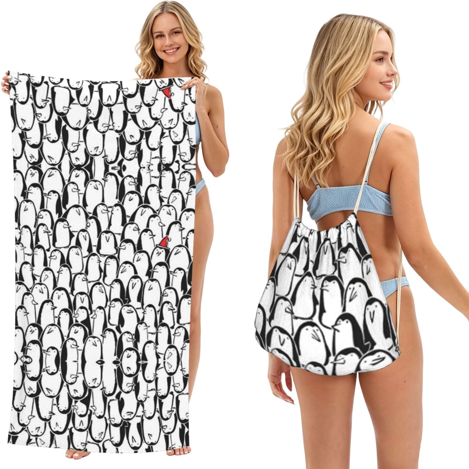 ESNAIUVCD Stylish Crowd Of Penguins Print Beach Towel For Adults,Towel With Drawstring Bag, Travel Pool Swimming Sports Shower Sand Free Quick