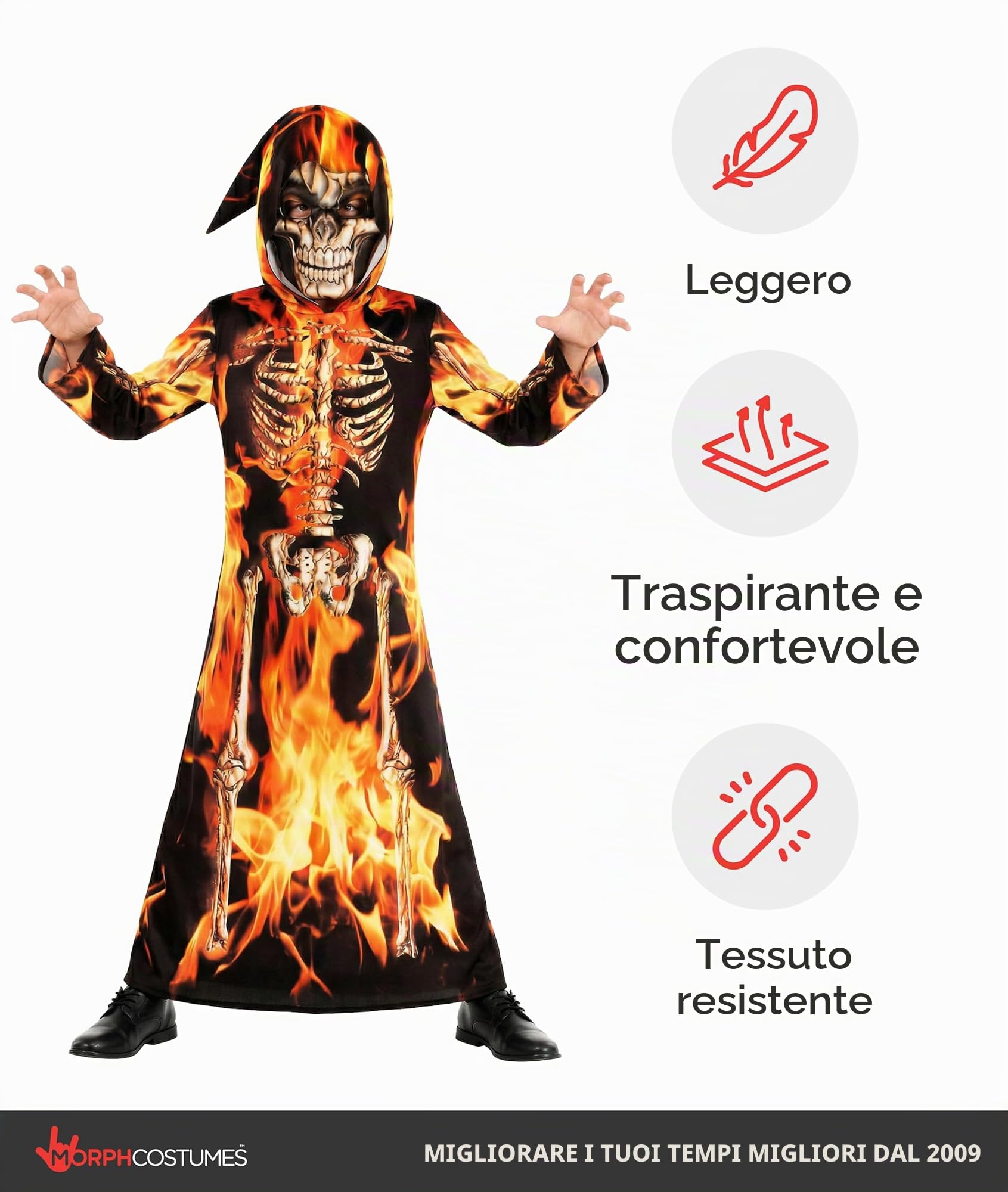 Morph Costume Mietitore Bambino, Costume Halloween Bambino | Tunica con Cappuccio & Maschera, Stampa Scheletro Fiammeggiante, Perfetto per Halloween, Ideale per il Gioco di Ruolo