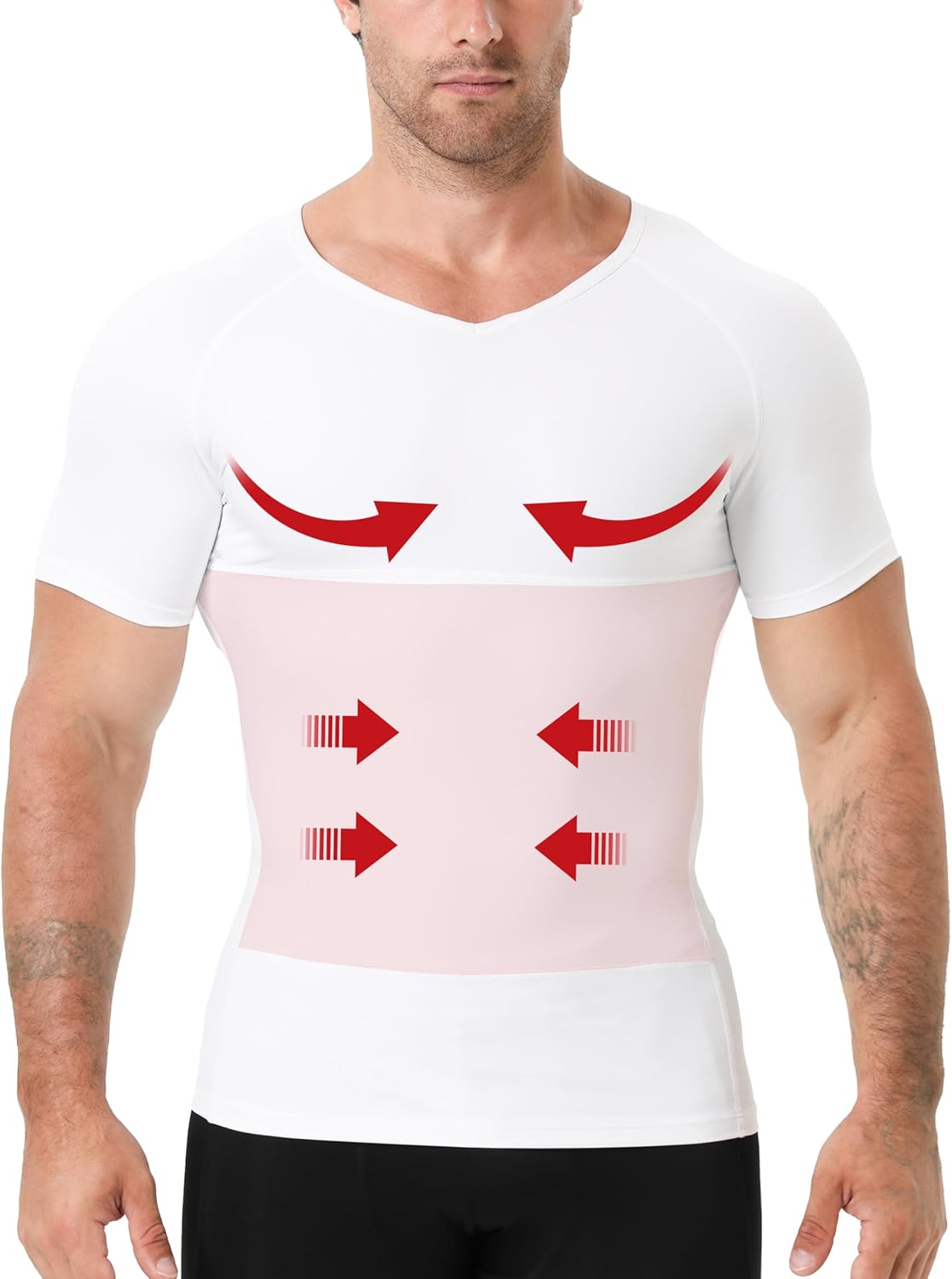 Men's Compression Shirt, V-Neck Slimming Body Shaper Short Sleeve Hide Gynecomastia Chest Underwear for Tummy Control