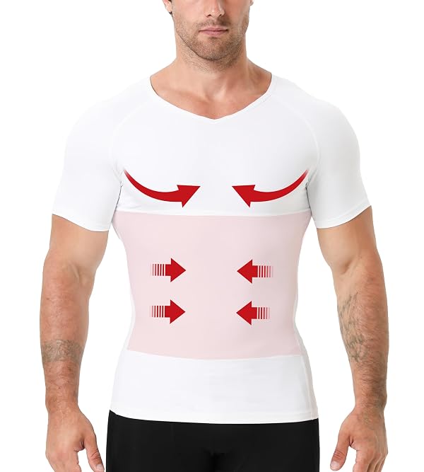 YOWODA Men's Compression Shirt, V-Neck Slimming Body Shaper Short Sleeve Hide Gynecomastia Chest Underwear for Tummy Control (1, White, XX-Large) by YOWODA - Used condition - US$15.53