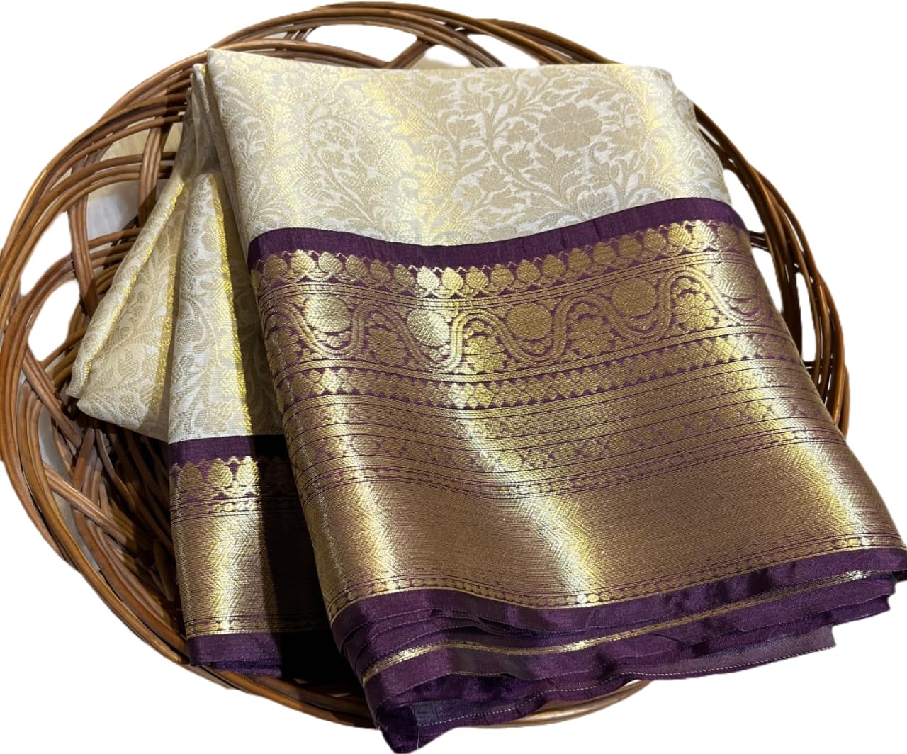 Aziz Creation Cream Kanjivaram Tissue Silk Saree for Women | Rich Golden Zari Woven Design | Contrast Border | Traditional South Indian Wedding, Festive, Party Saree with Unstitched Blouse Piece-image-19