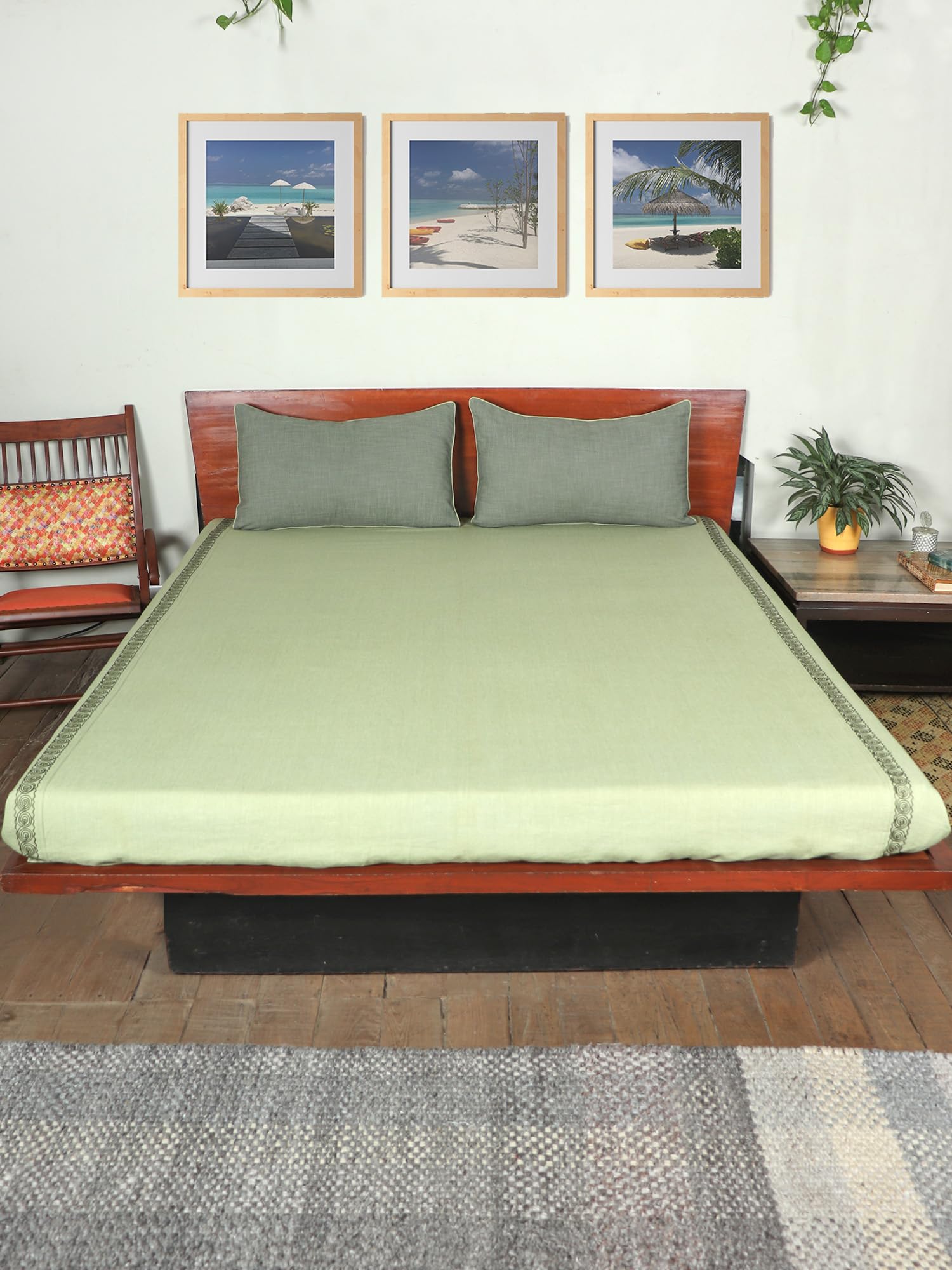 ZEBA World Cotton Blend Embroidered Bedcover for Double Bed | Circular Aari Embroidery - Queen Size - Light Green Color| Bed Cover 90 x 108inches (7.5x9ft), Pillow 17x27in-image-24