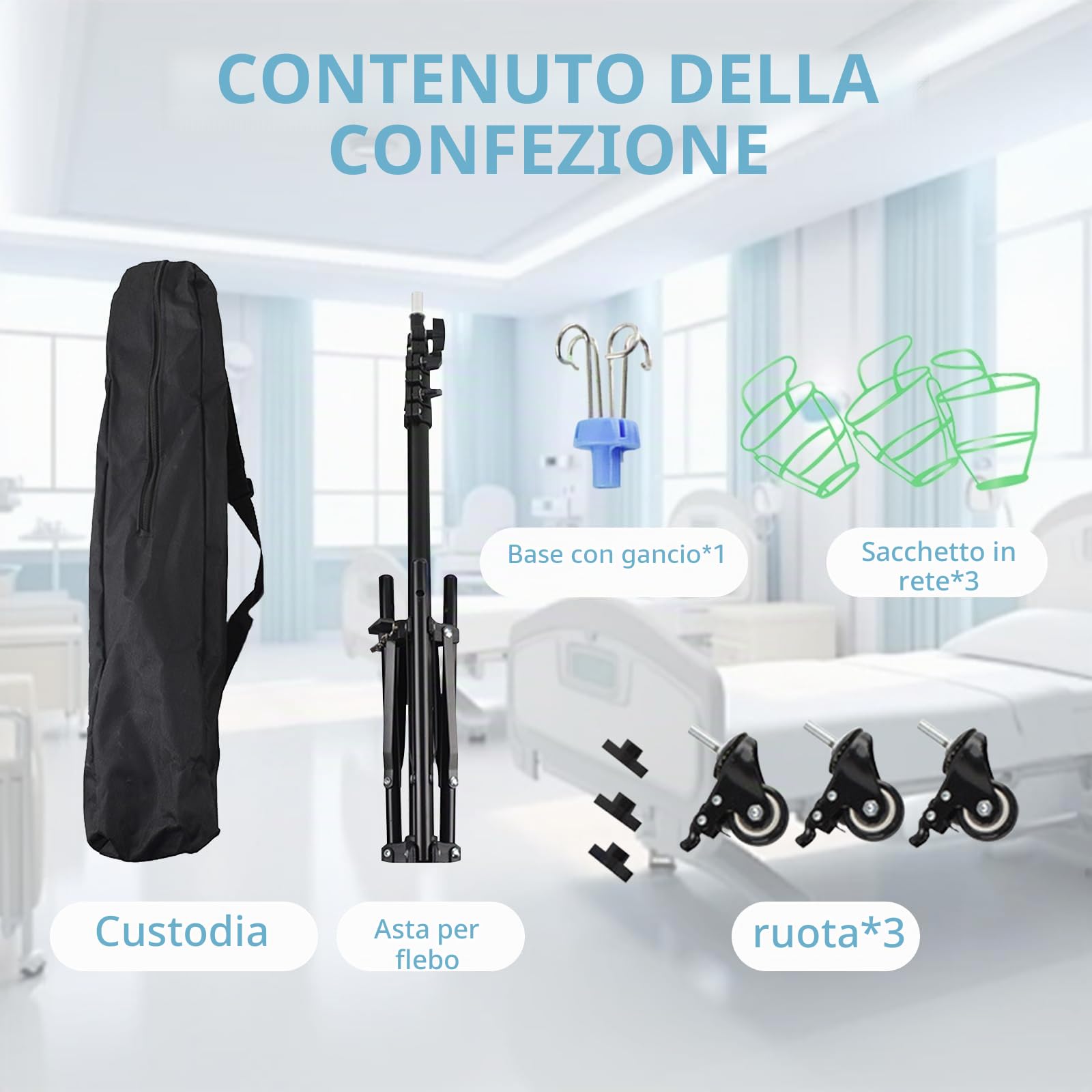 Supporto per Infusione con Ruote, Pieghevole Aste Portaflebo con 4 Ganci, Altezza Regolabile, Supporto per Asta IV Portatile per Ospedale e Cura Domestica