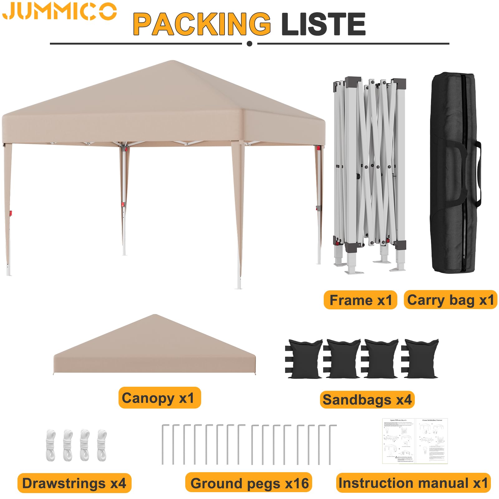 JUMMICO Tonnelle Pliante 3x3m Imperméable Anti-UV Hauteur Réglable - Beige | Pliage et Rangement Faciles - Système Amélioré Stable - Idéale Jardin, Camping, Fêtes et Loisirs