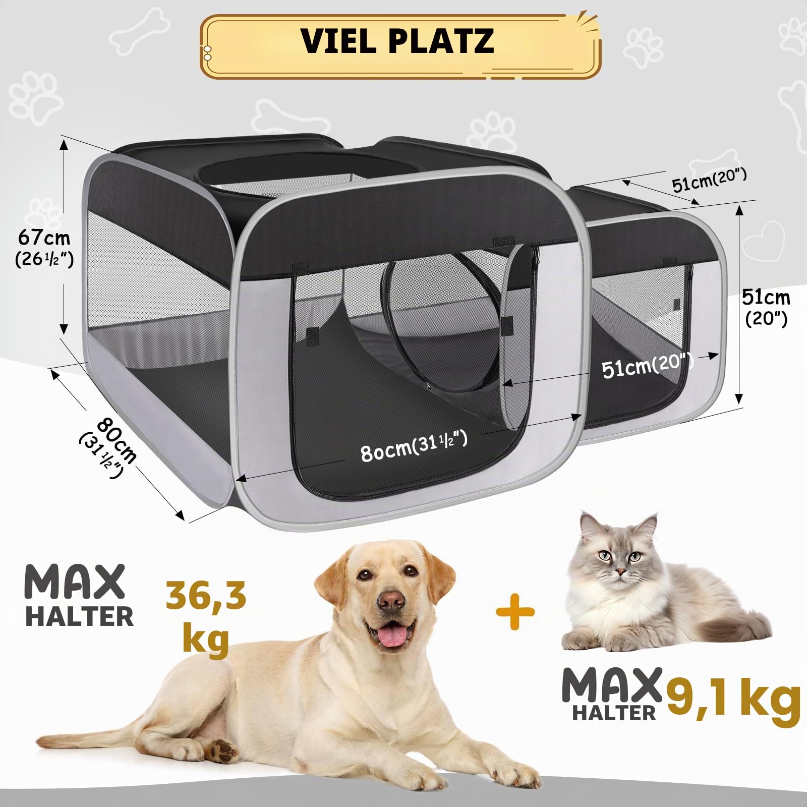 Tailtastic Großer Katzenlaufstall Katzenauslauf mit separaten Bereichen, für draußen und drinnen, tragbarer Haustier-Laufstall für Hauskatzen, Welpen und Kleintiere, Hunde-Laufstall mit Tragetasche
