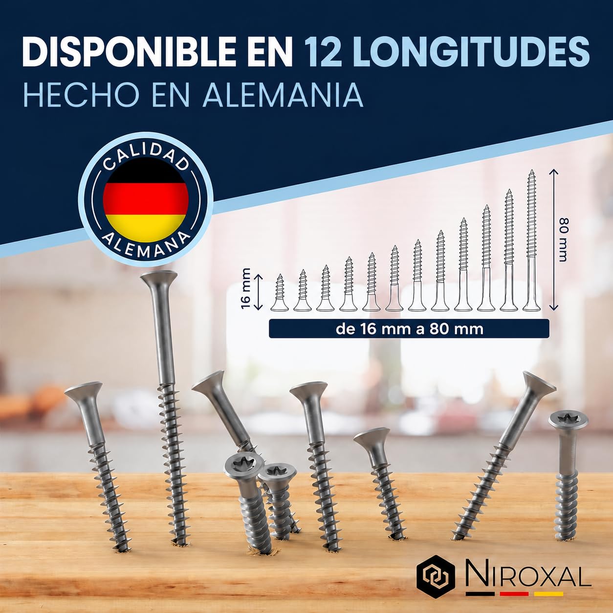 Tornillos para madera de acero inoxidable A2 cabeza avellanada Torx TX25 – Rosca parcial – 6x80 mm – 50 unidades – Tornillos universales para madera