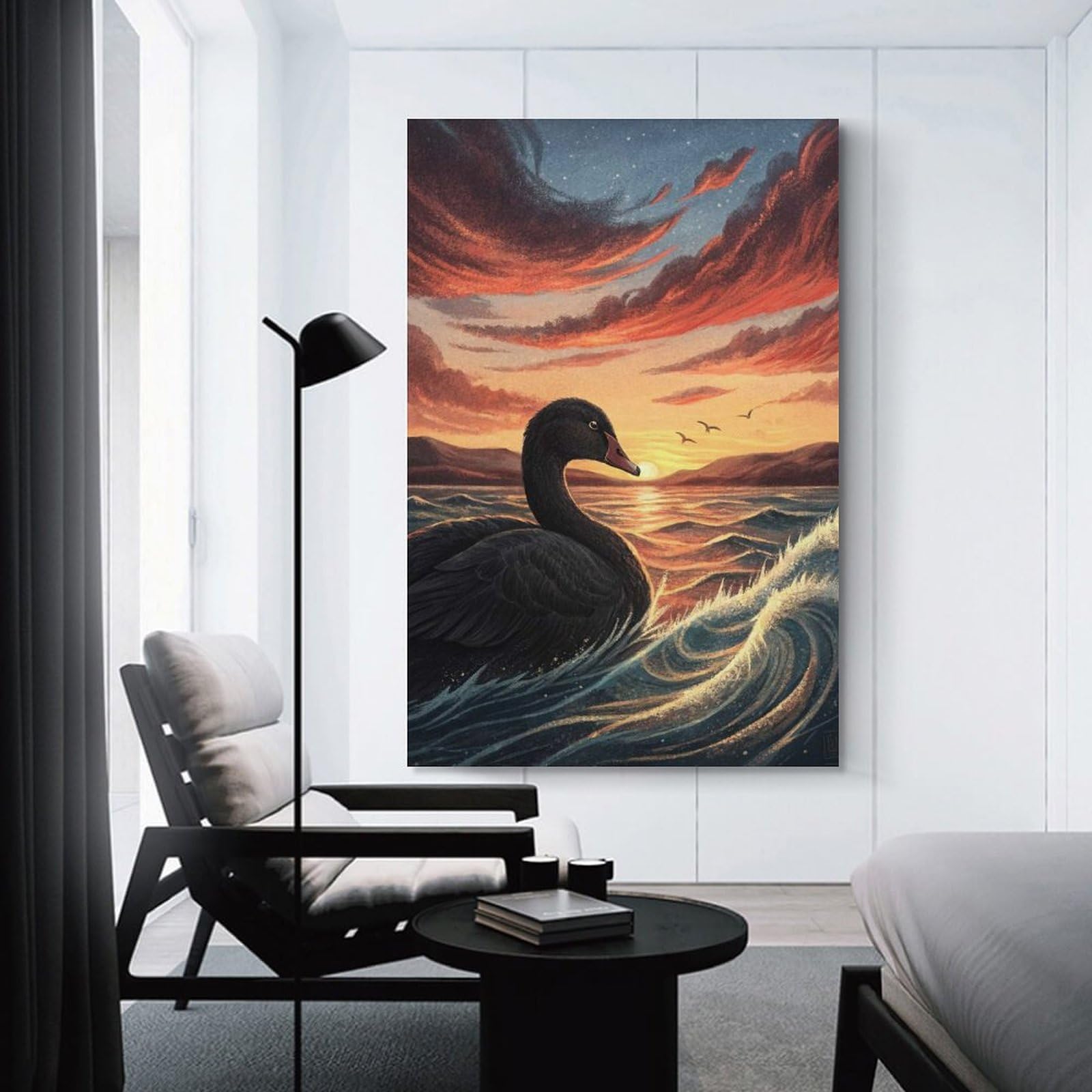 Black Swan at Sunset Wall Art Print, 24x36inch(60x90cm), for Wall Displays, Bedrooms Or Room Updates, A Versatile Canvas Print for Layering