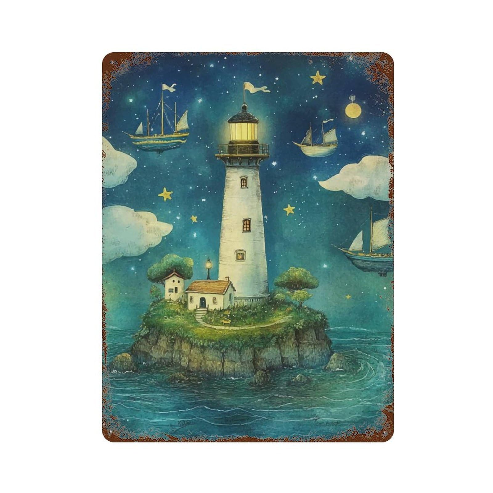 Distressed Metal Wall Sign Lighthouse Starry Night 15.7"x11.8", Vintage Wall Decor for Cafe, Home Bar And Lounge Decor