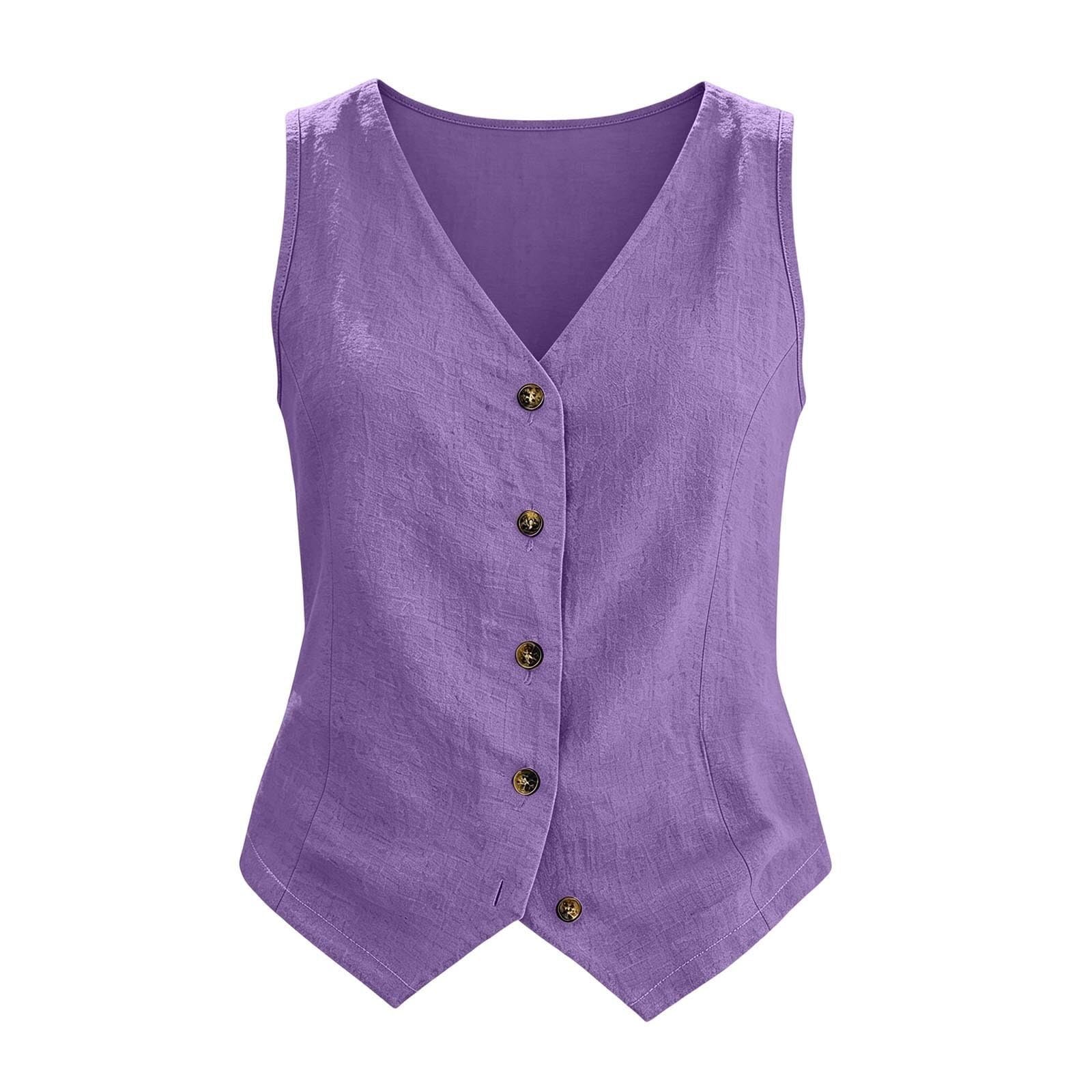Damski lniany tank top bez rękawów, dekolt w serek, lekki letni bawełniany