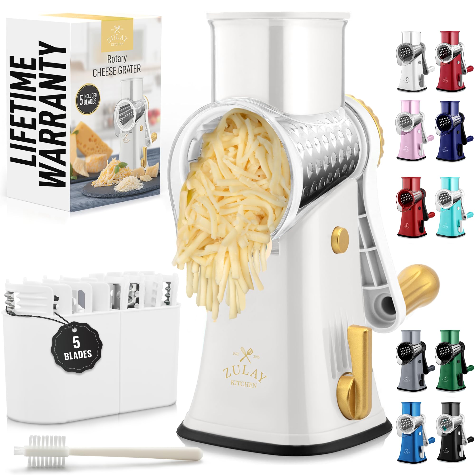 Zulay Kitchen Rotary Cheese Grater 5 Blade Cheese Shredder - Manual Hand Crank Cheese Grater With Reinforced Suction & 5 Interchangeable Drums - Easy to Use, Vegetable Chopper Round Mandoline Slicer