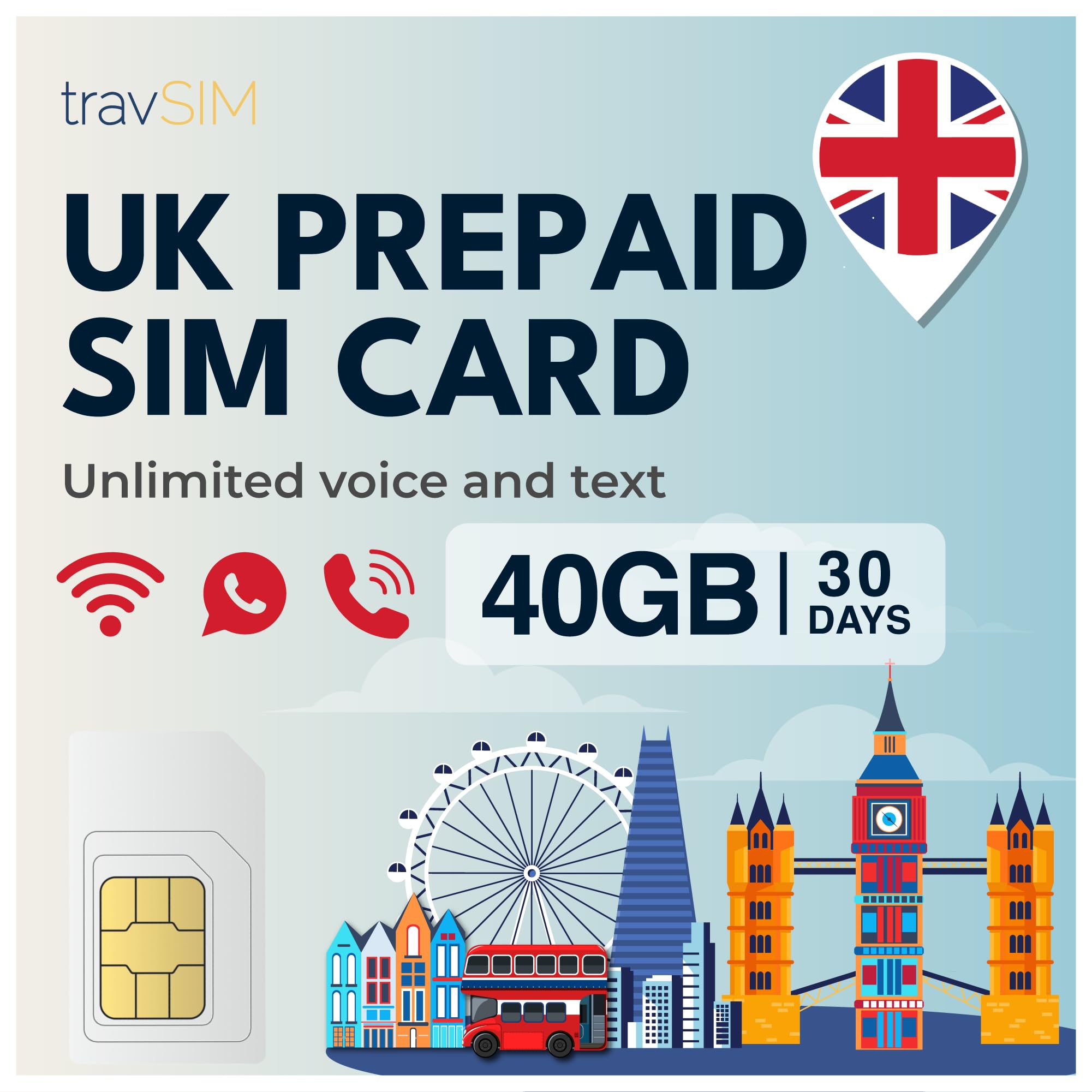 travSIM UK SIM Card | 40GB Data + Unlimited Calls & Texts | 4G/5G Speed | Works Throughout The UK | SIM Card UK is Valid for 30 Days