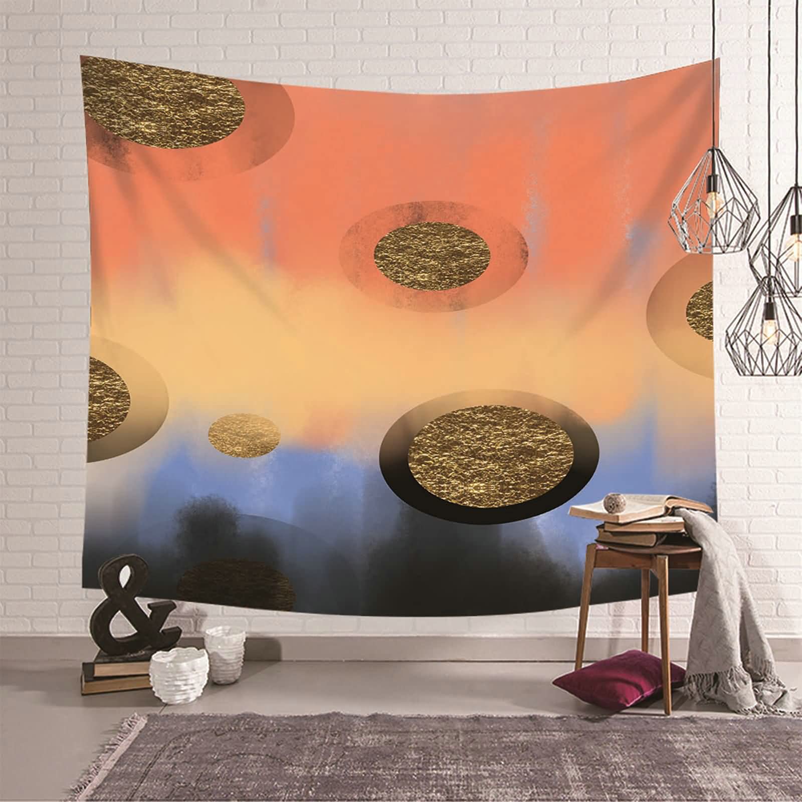 Tapiz de pared vintage geométrico, círculos, decoración de pared, de poliéster, naranja, negro y dorado, 350 x 256 cm