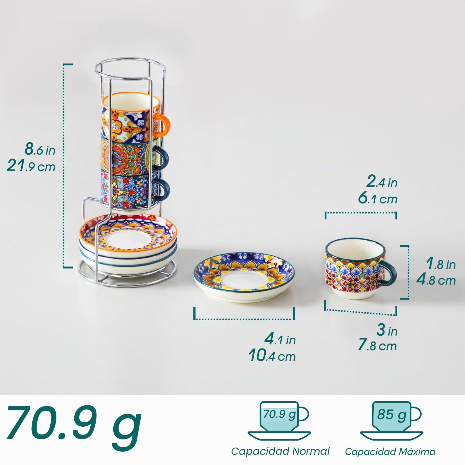 vancasso SIMI Juego de 8 Tazas de Café y Platillos (90 ml) - Tazas Cafe de Cerámica para 4 Personas, para Leche, Expresso y Capuchino - con Soporte de Metal - Estilo Bohème - Lavavajillas