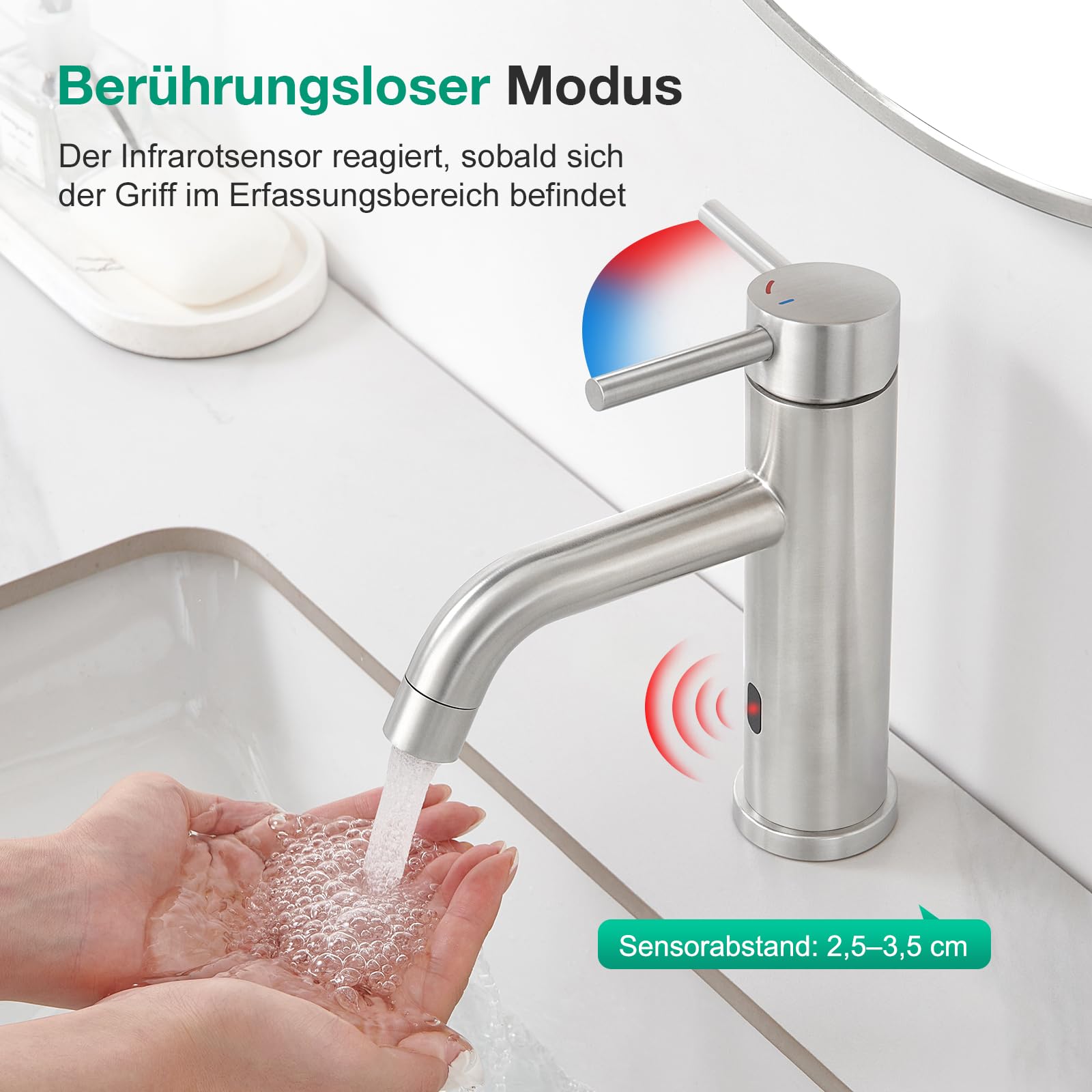 CREA Infrarot Sensor Waschtischarmatur für Badezimmer, Einhebelmischer Armatur Wasserhahn für Waschbecken Bad, Gebürstet