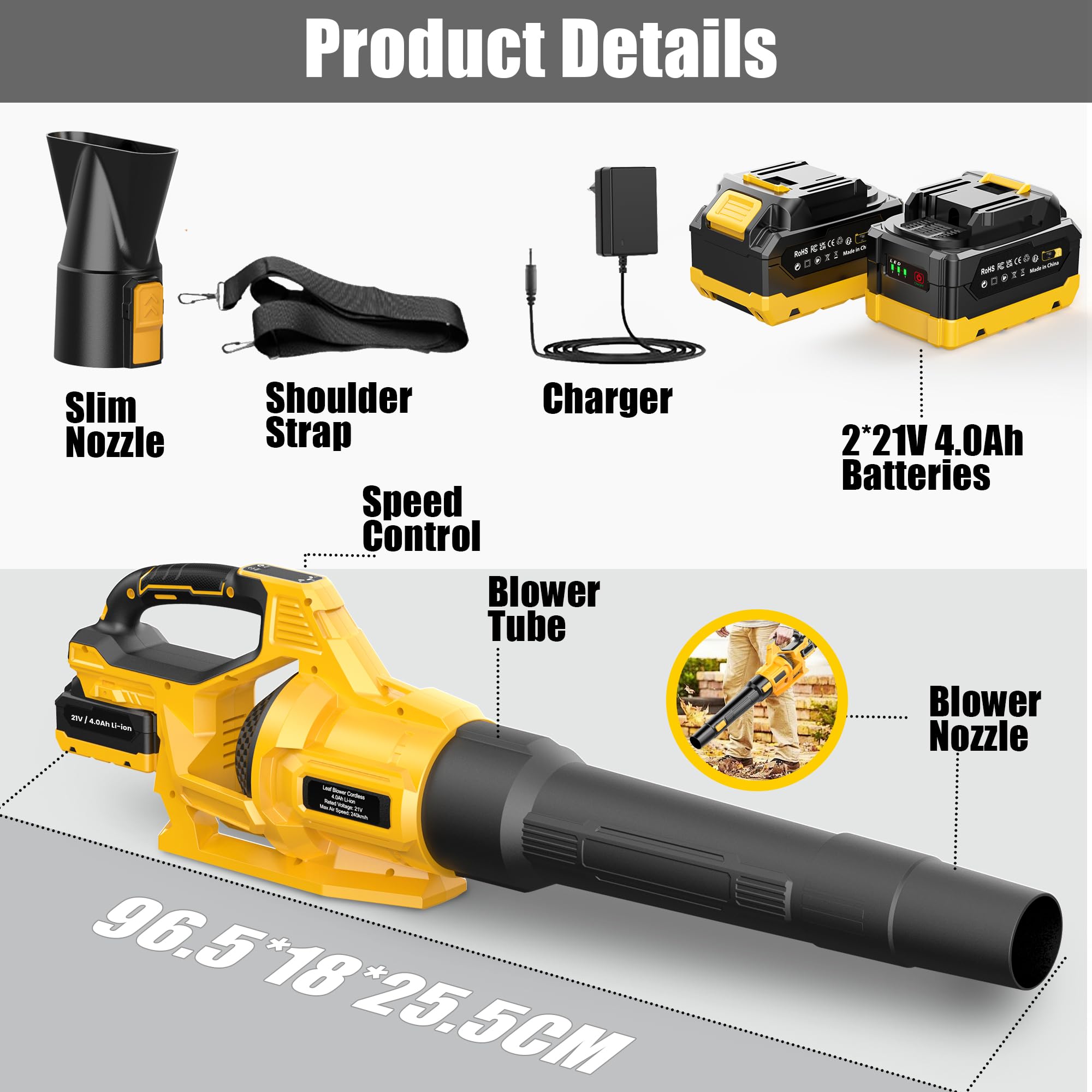 Soffiatore a Batteria, 21V Soffiatore Foglie Elettrico con 2 Batteria da 4,0Ah, 3 Velocità Regolabili, 2 Ugelli, Tracolla per Foglie, Neve, Polvere e Detriti