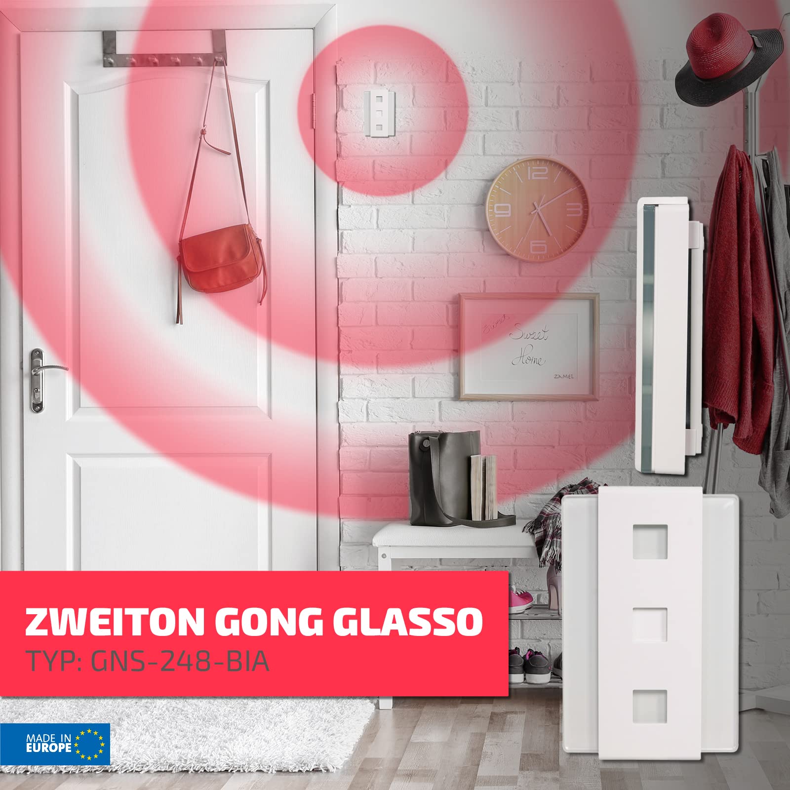 Sundi - Elektromechanischer Kabelgebundener Gong 230V, zu Bedienen Kunststoff, Zwei-Ton Bim-Bam, Lautstärke von 85 dB, Weiß GNS-248-BIA