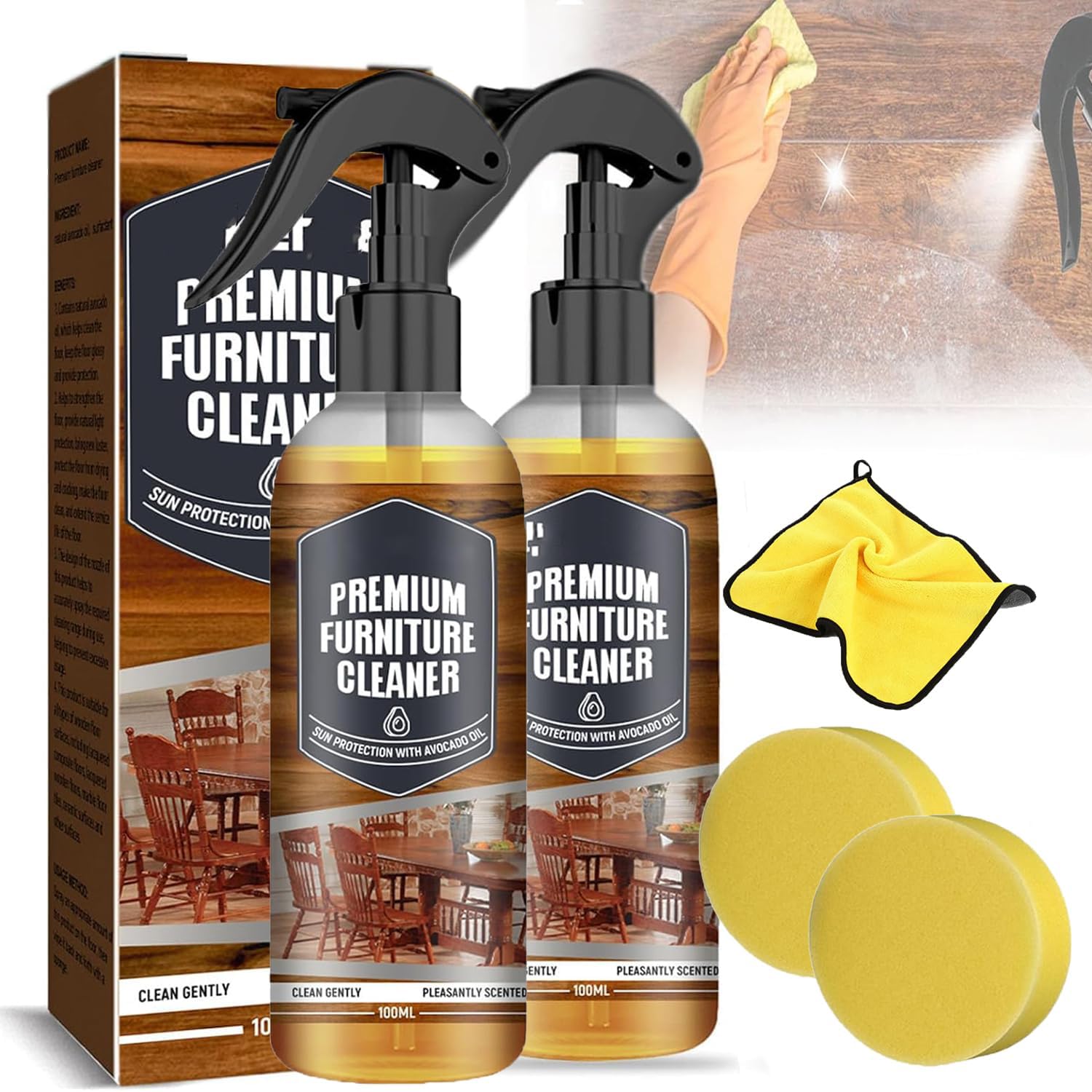 Natural Micro-Molecularized Beeswax Spray, Beeswax Furniture Polish and Wood Floor Cleaner, Hardwood Floor Polish for Furniture, Floors, Tables, and Cabinets, Includes 2 Sponges (2 PCS)