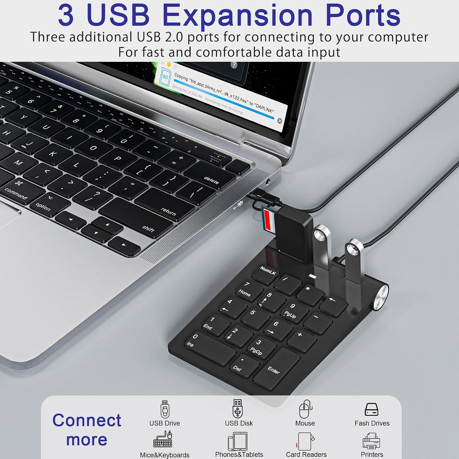USB C Wired Number Pad, USB Numeric Keypad with 3 USB 2.0 Ports, 18 Key Number Pad Portable Slim Mini Keyboard for Laptop/Desktop/ Surface/ iPad, USB Number Keypad for Windows/MacOS/Chrome OS, Black