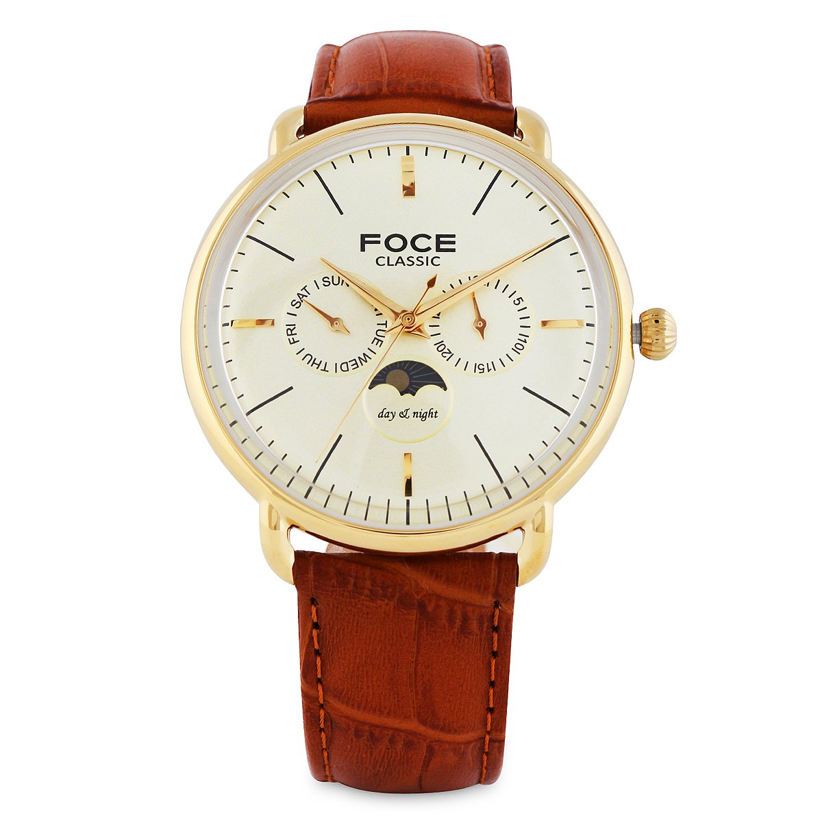 FOCE Multifunctional Moonphase Gold Dial Leather Strap Watch for Men-[FC12GGL-GOLD] (B078Q39JWF) Amazon Price History, Amazon Price Tracker